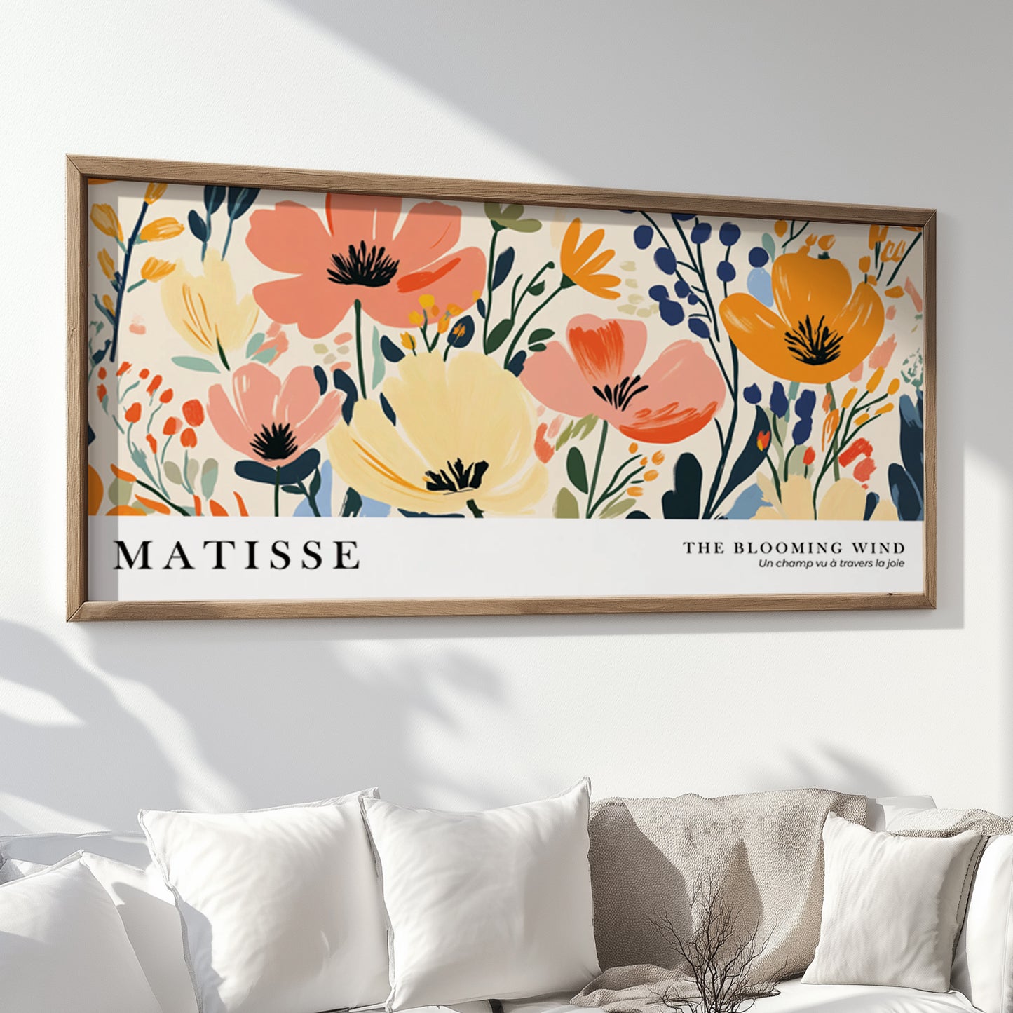 Large floral wall art with wild flowers in bright Matisse style, long narrow horizontal botanical print.
