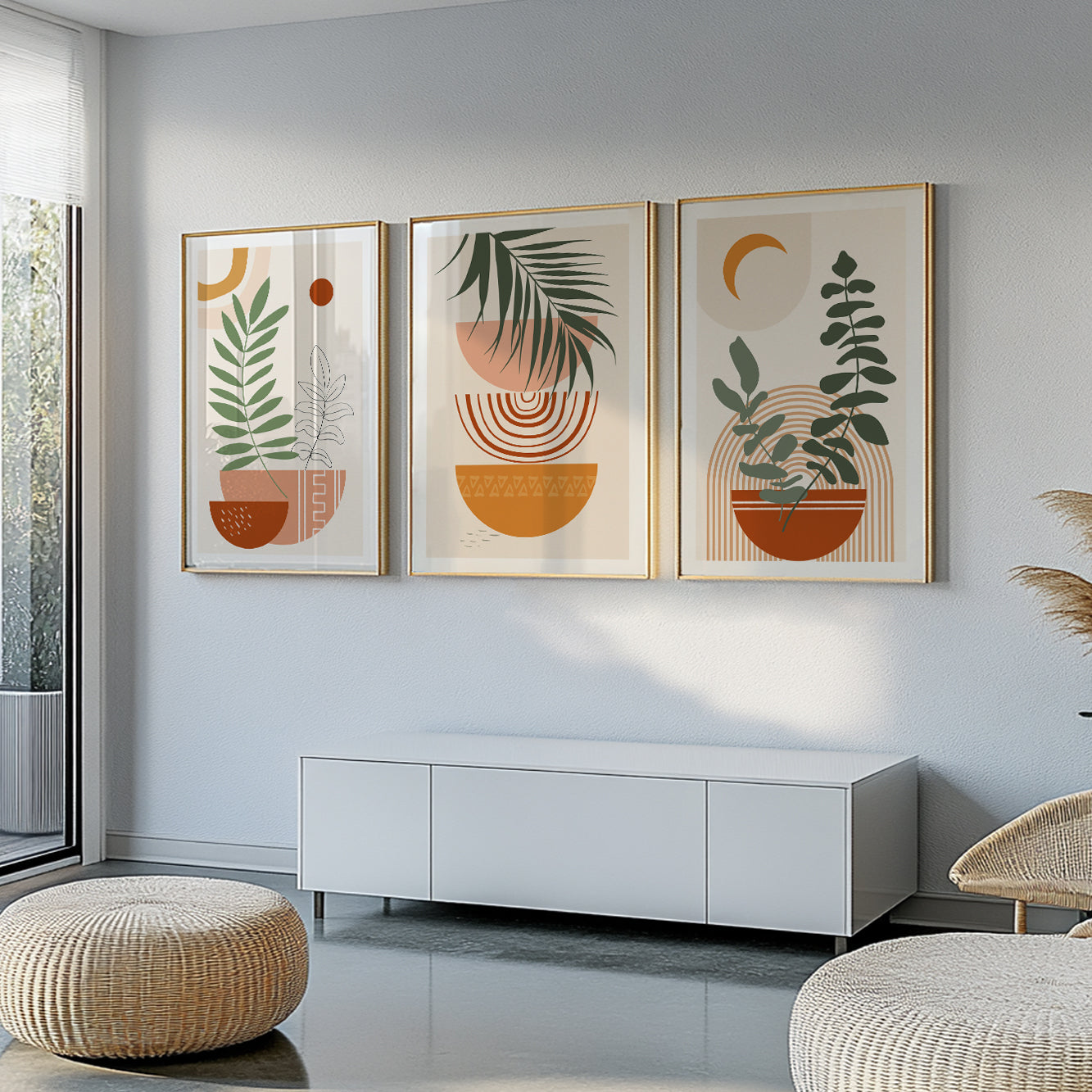 Bohemian Terracotta Beige Art Set of 3 – Mid Century Modern Neutral Prints, Large Gallery Wall Decor for Living Room & Bedroom