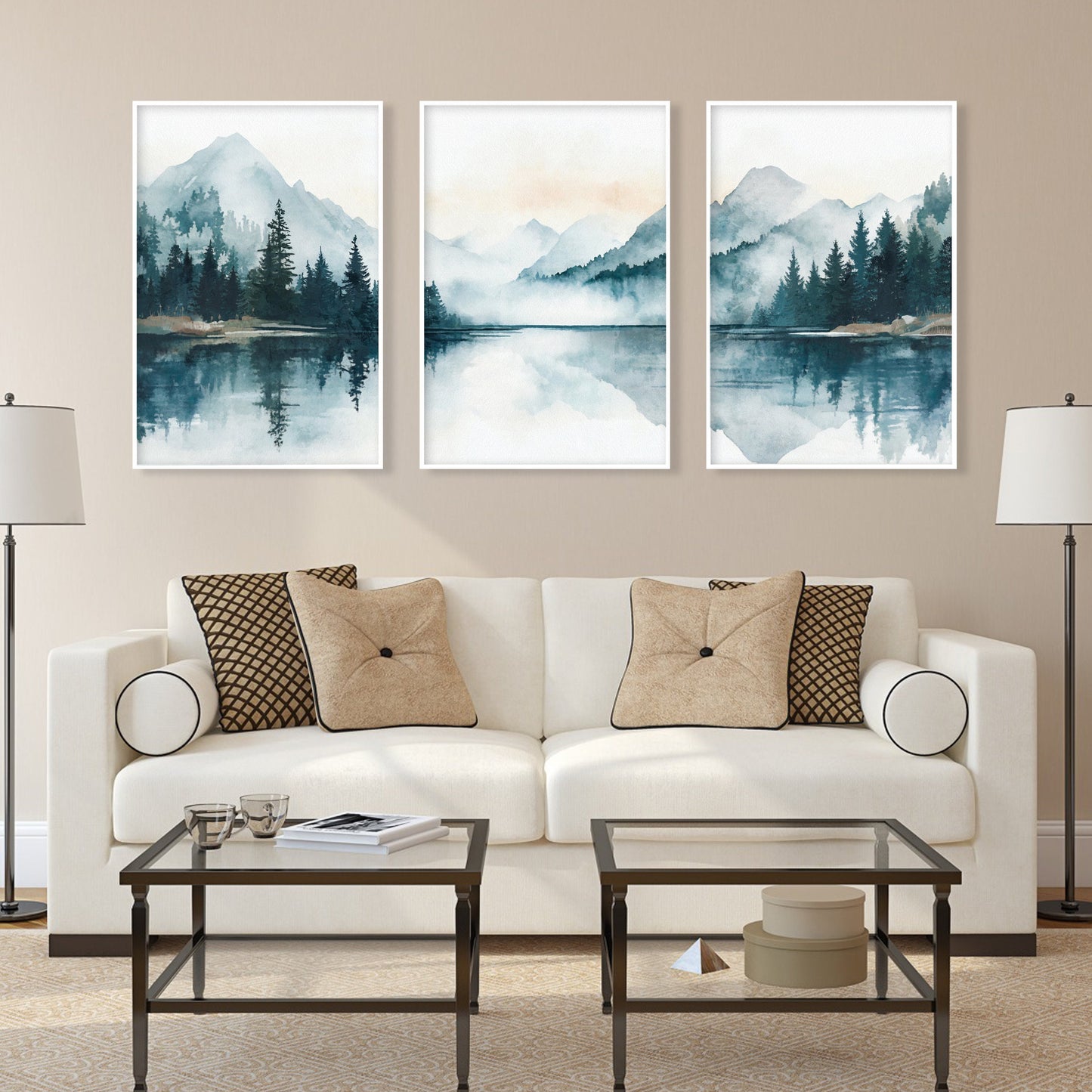 Eclectic mountain gallery wall set with lake and forest scenery in emerald blue.
