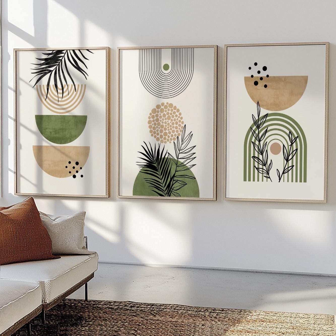 Beige green mid century wall art – boho set of 3 neutral prints for above bed or hallway decor.