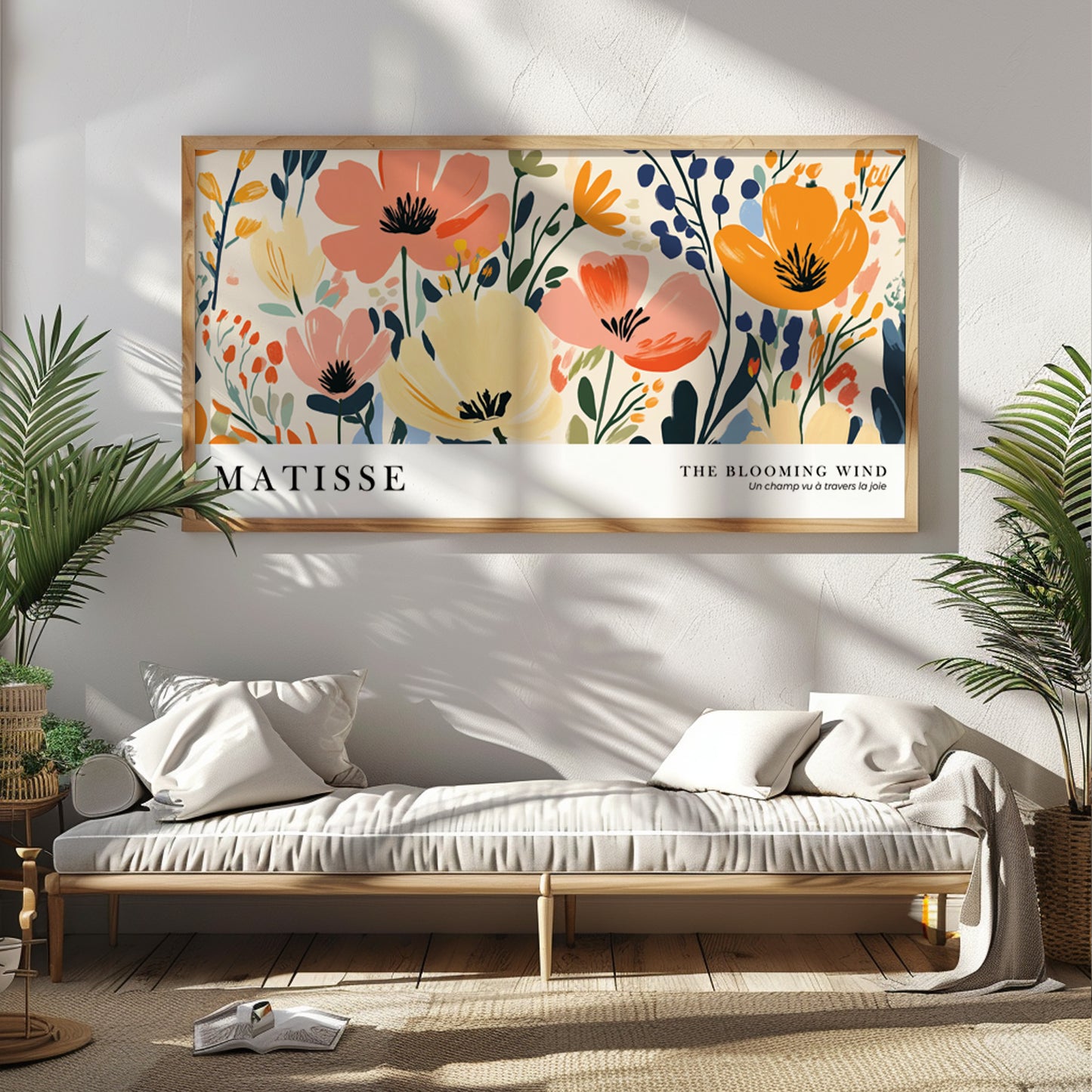 Vibrant wildflower wall art in Matisse-inspired colors, large horizontal floral print for bold interiors.