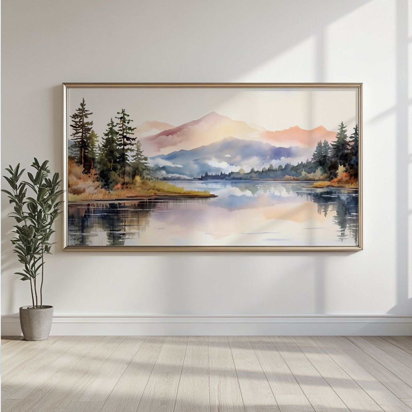 Abstract mountain wall art in soft pastels, featuring a still alpine lake surrounded by trees and hills, ideal for nature-inspired tranquil rooms.