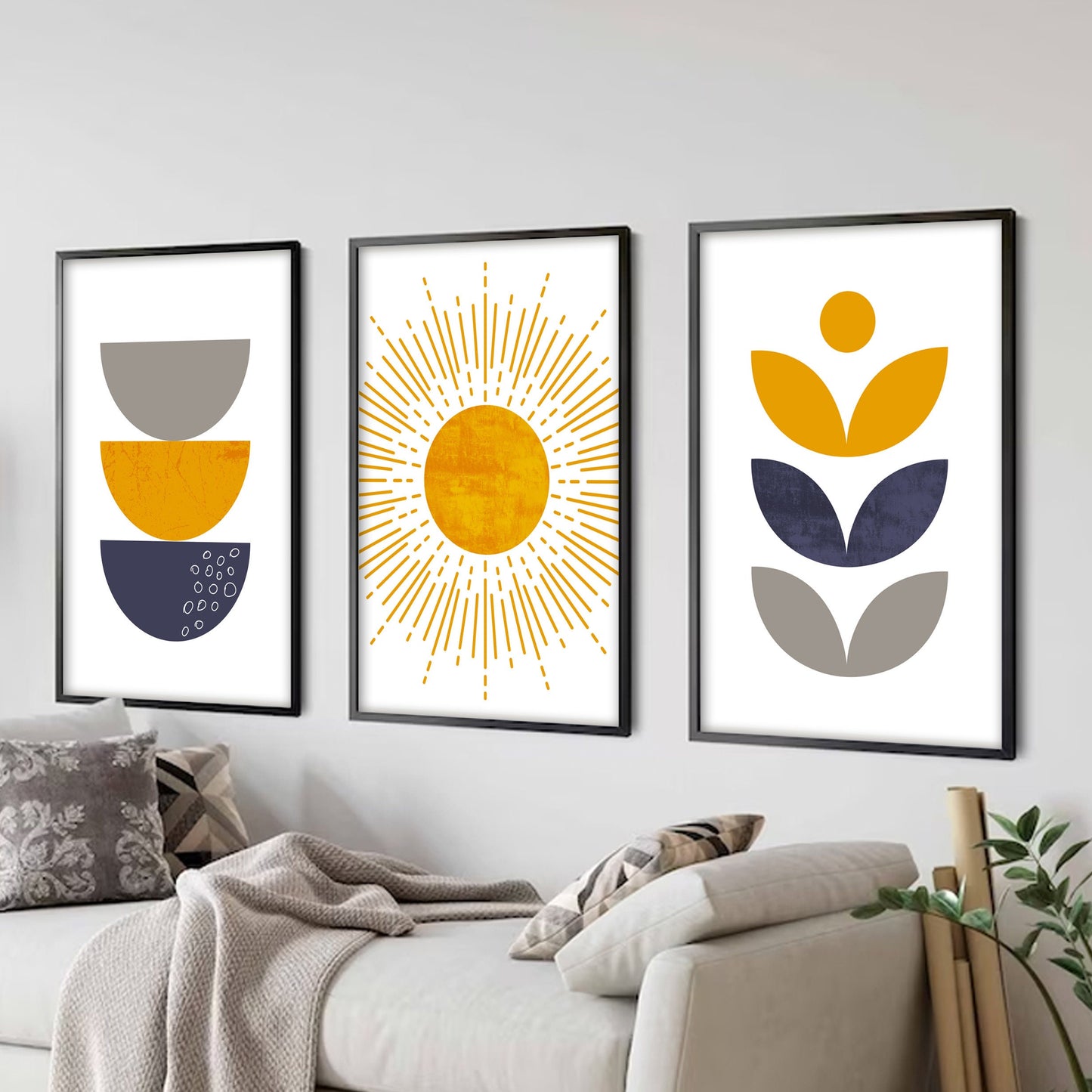 Large mid-century modern colorful wall art set with blue and mustard boho style.