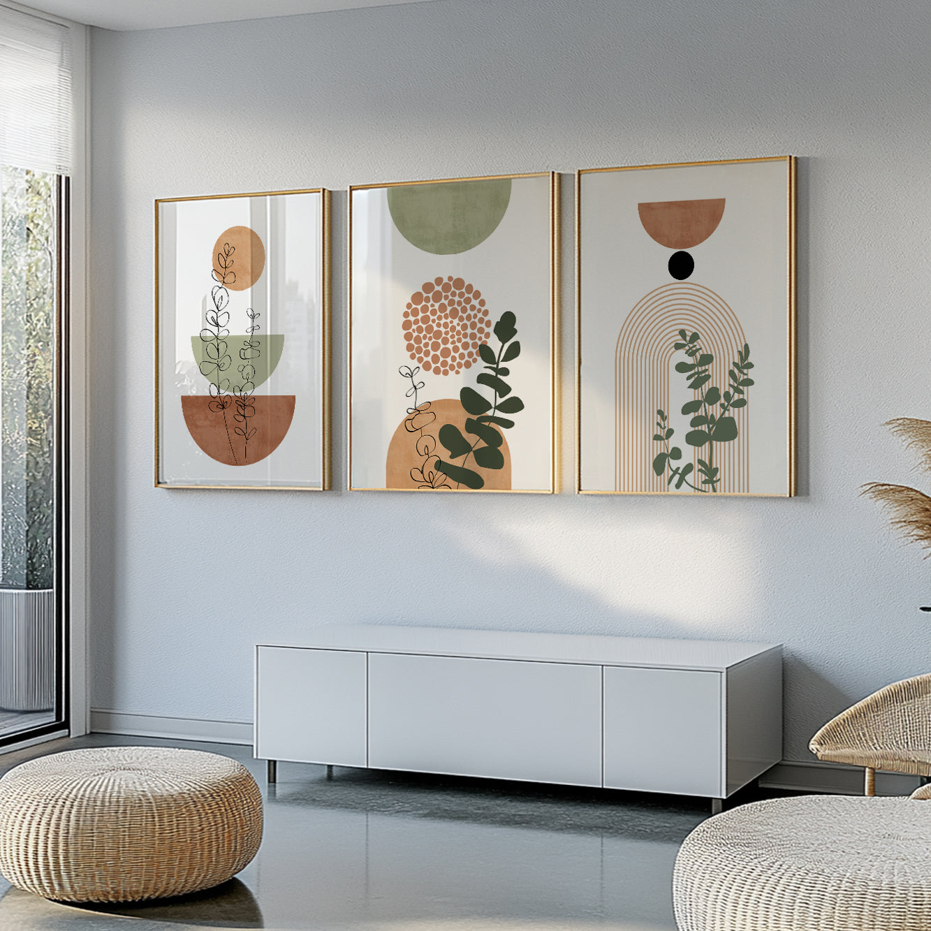 Boho living room wall decor – terracotta green neutral set of 3 prints in mid century modern style.