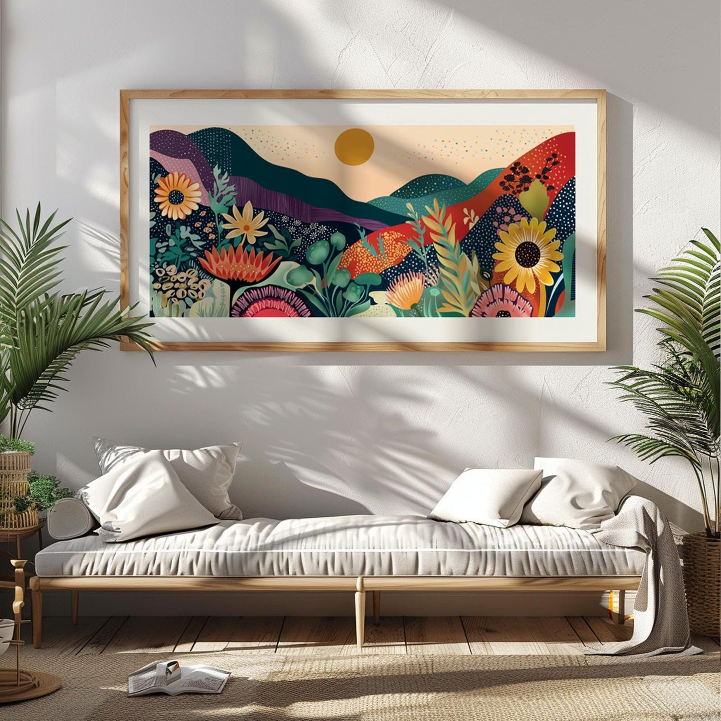 Vibrant panoramic nature artwork with mountains, flowers, and bold dots, combining abstract and natural motifs for modern Japandi decor.