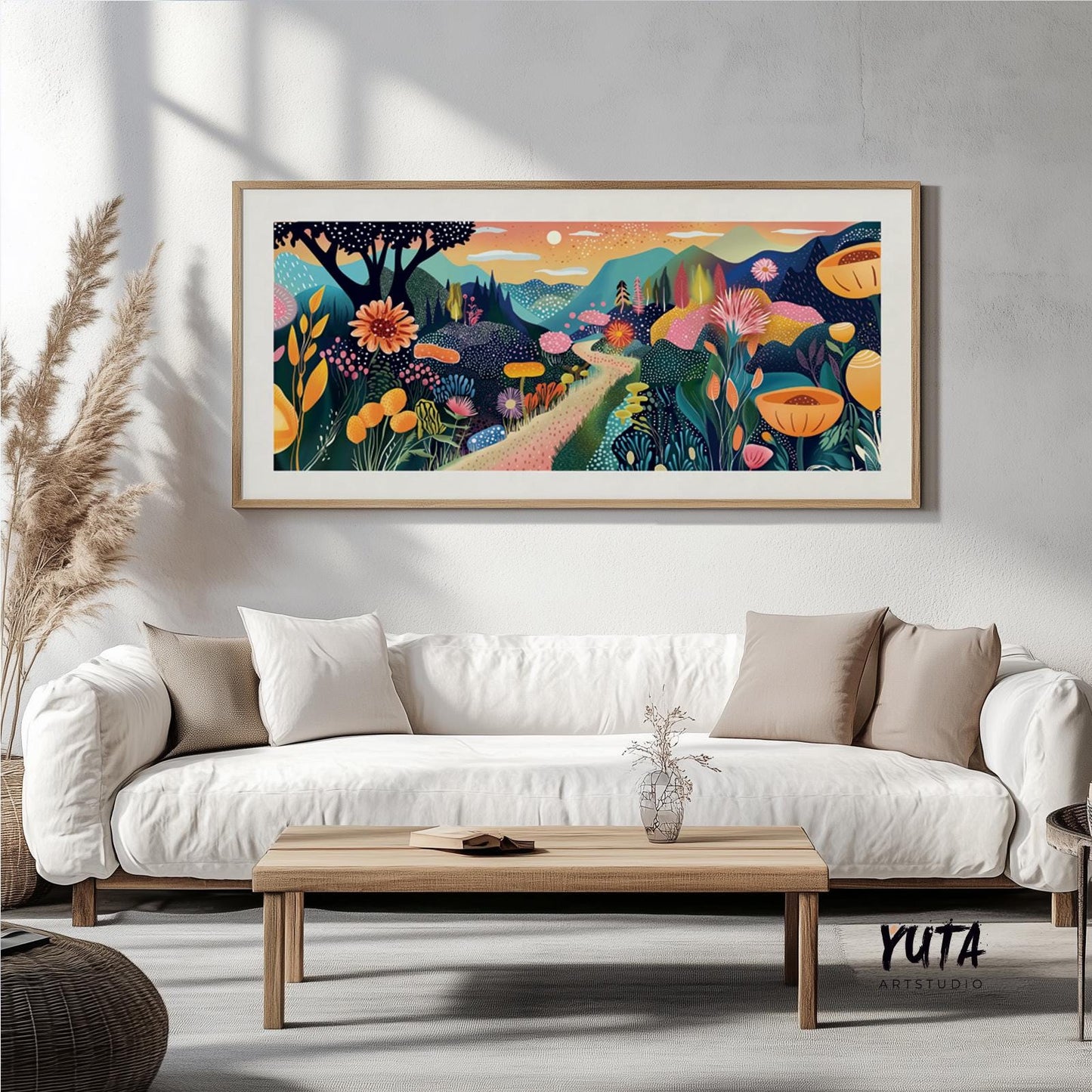 Panoramic abstract mountain landscape in vivid colors, great for above bed wall art, hallway decor, or modern nature-inspired gallery walls.