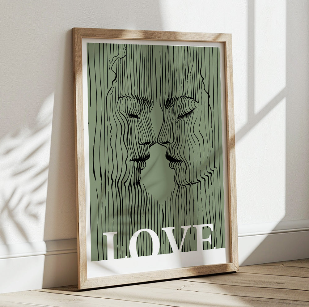 Minimalist Kissing Lovers Print – Sage Green Love Couple Art for Bedroom or Apartment
