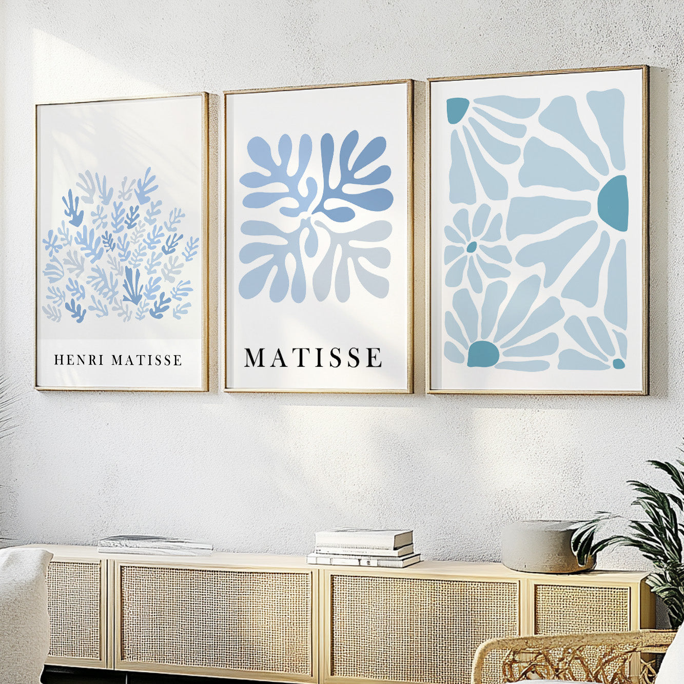 Blue Matisse Prints Set of 3 – Neutral Minimalist Mid Century Art, Vintage Henri Matisse Living Room Decor