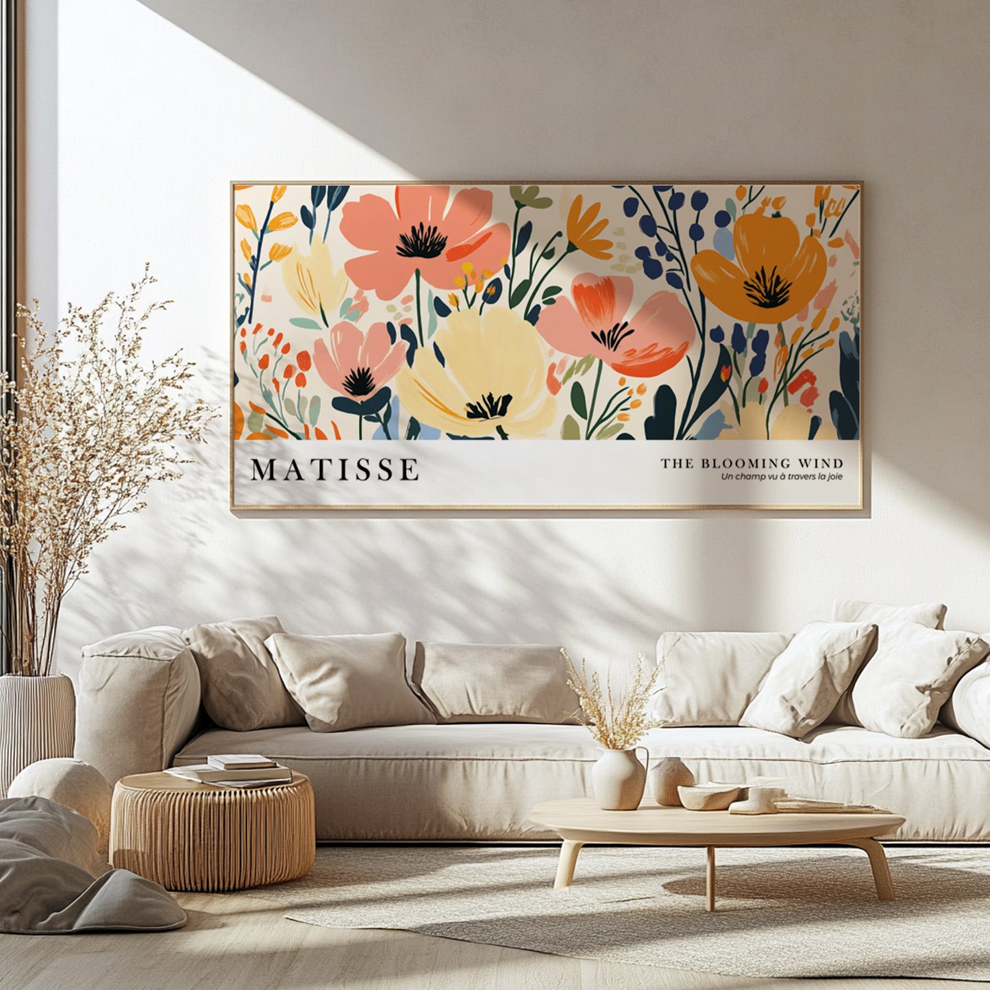 Bright botanical wall print inspired by Henri Matisse, oversized horizontal floral art for modern spaces.