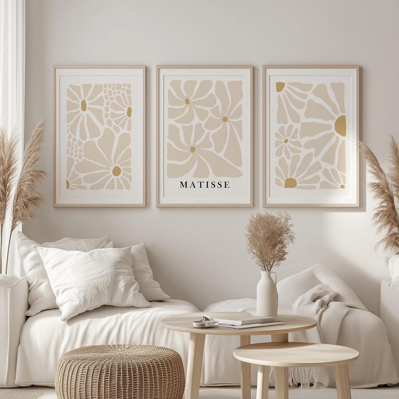 Boho floral wall art set – abstract beige Matisse-inspired posters in pastel tones for Nordic interiors.