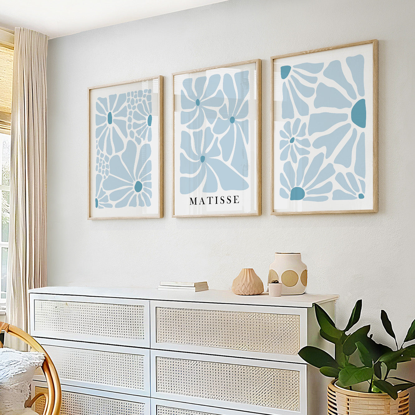Blue Matisse Flower Set of 3 Prints – Neutral Minimalist Mid Century Wall Art, Vintage Bedroom Aesthetic