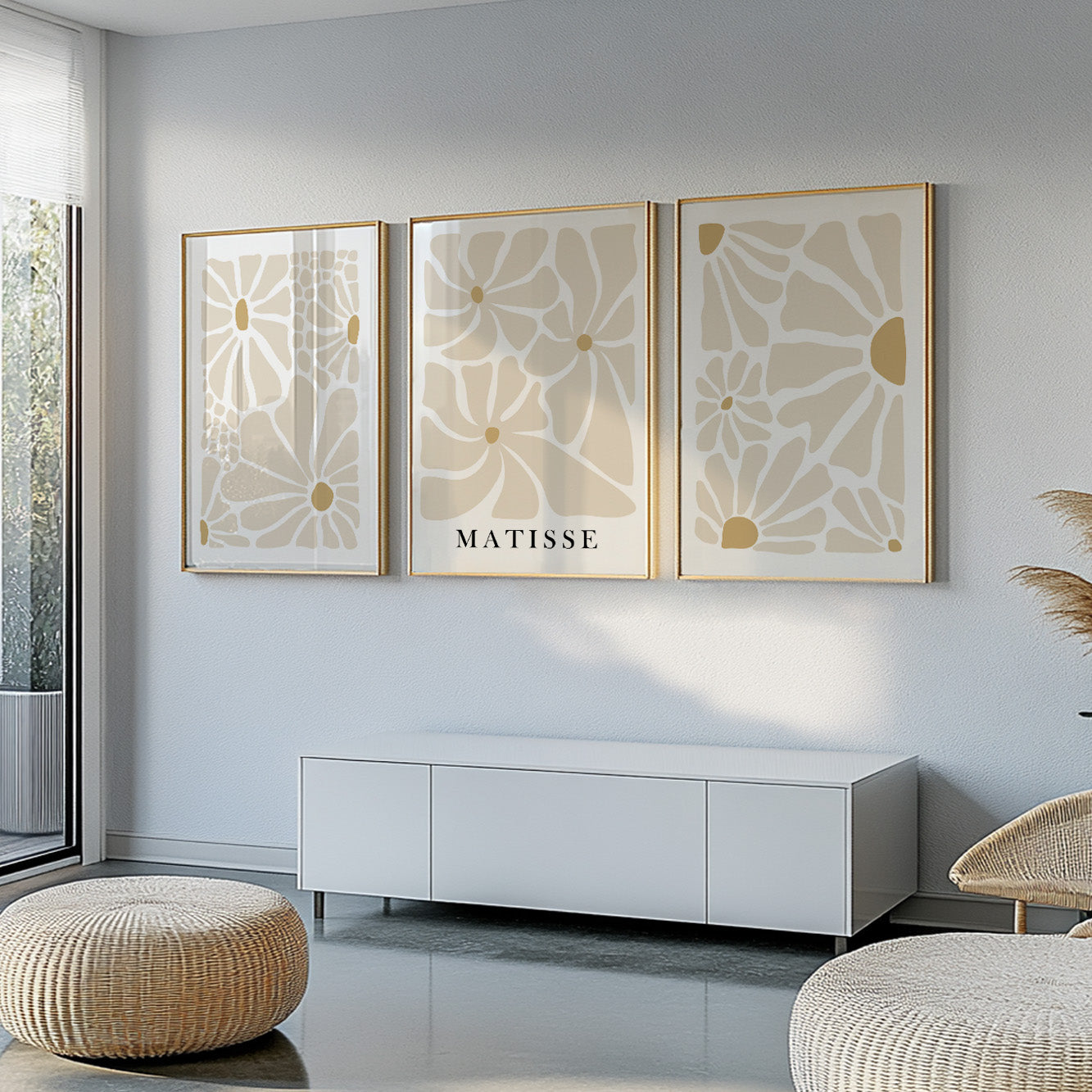 Neutral wall art posters – pastel beige botanical prints in Matisse style for bedroom or hallway.
