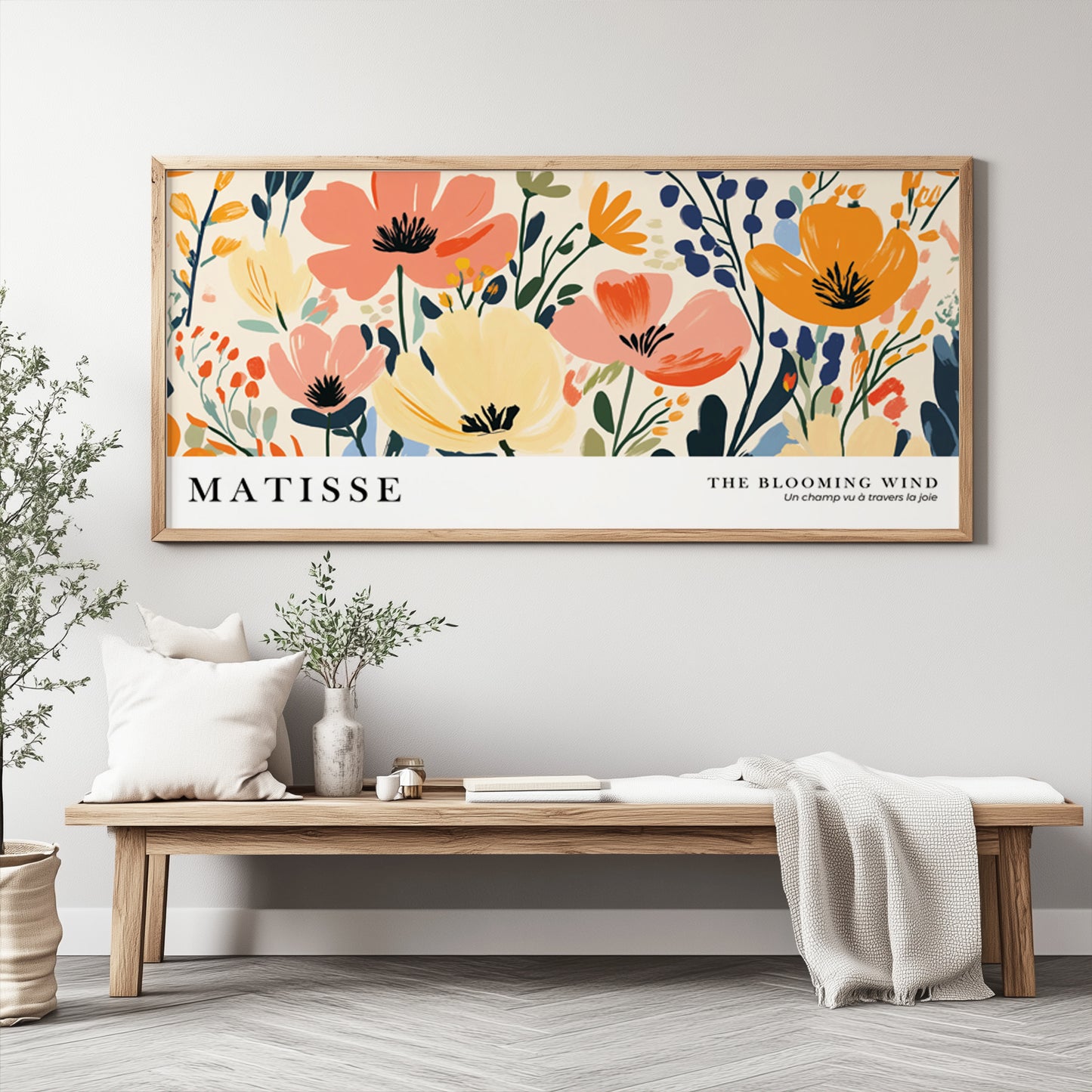 Oversized narrow botanical print with colorful wild flowers, inspired by Henri Matisse art style.