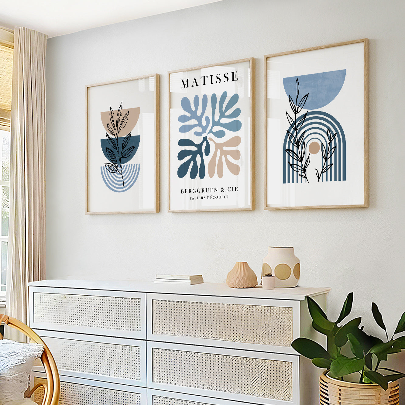 Neutral Matisse Wall Art Set of 3 – Mid Century Modern Botanical Prints, Trendy Large Gallery Set for Bedroom and Living Room