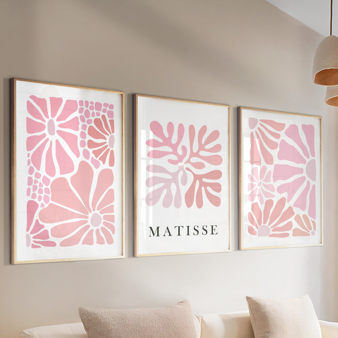 Matisse Pink Floral Set of 3 – Neutral Minimalist Mid Century Gallery Art, Vintage Trendy Poster Set for Bedroom