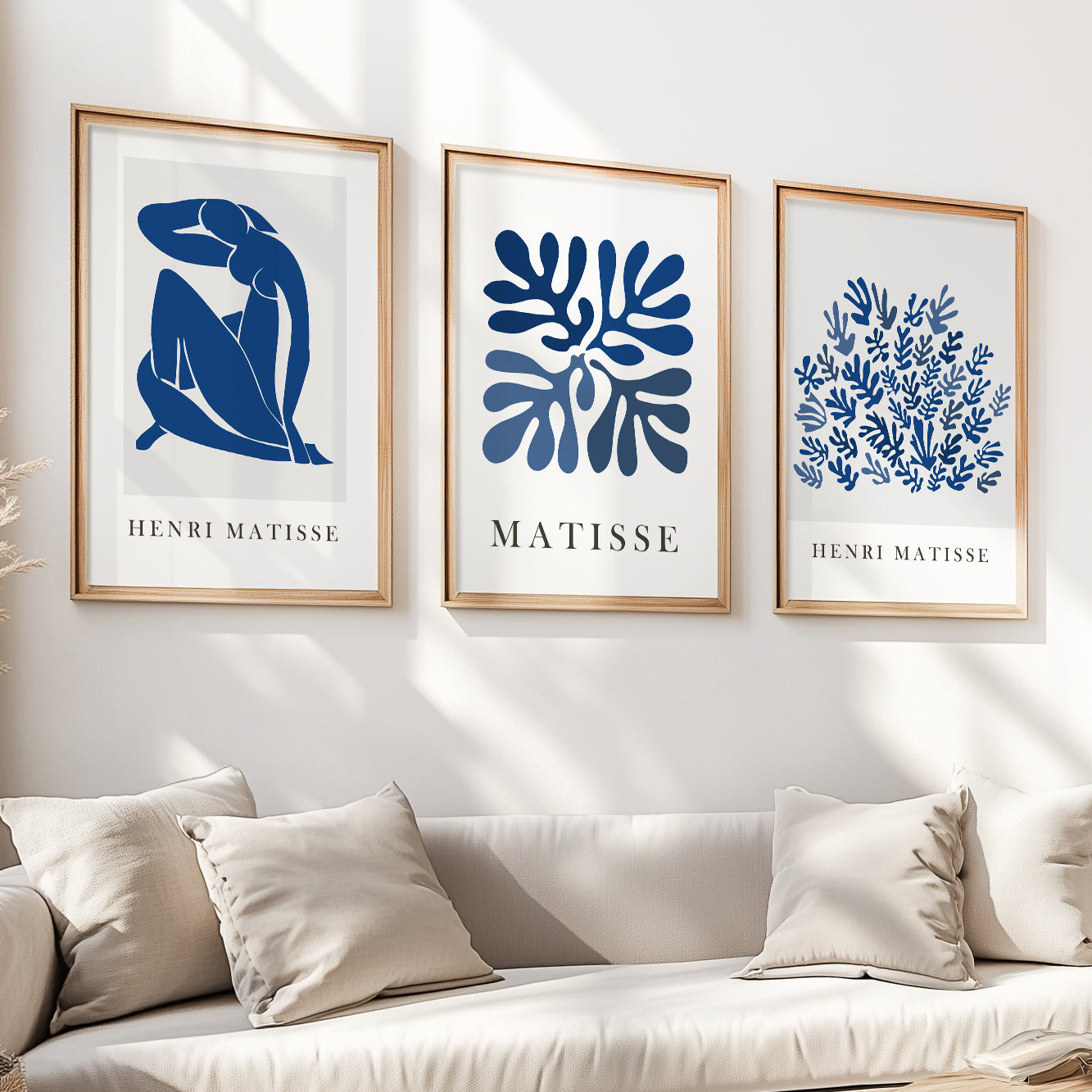 Navy blue mid century wall art set – Matisse print triptych for elegant bedroom or living room decor.