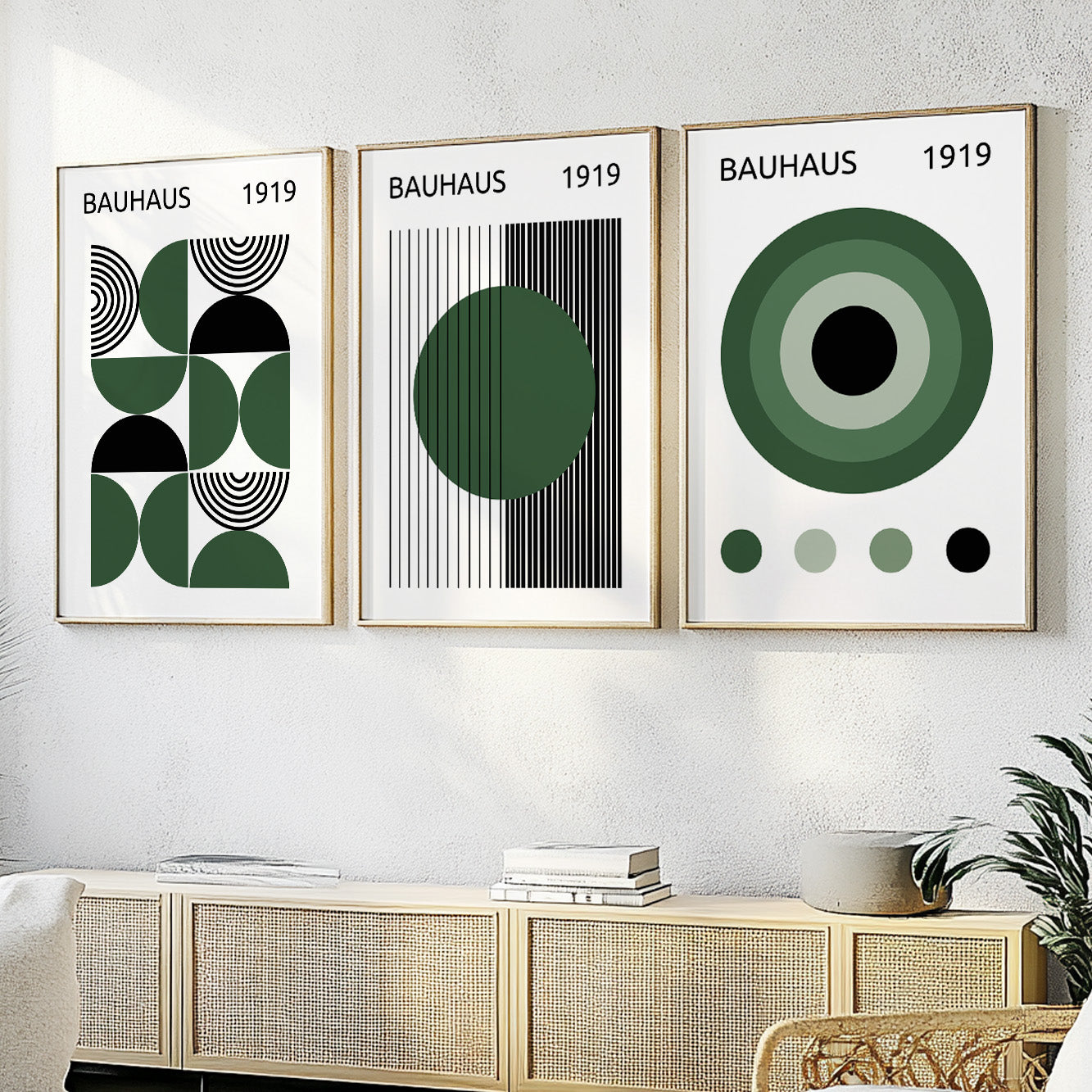 Mid-century modern wall art set with dark green and black Bauhaus prints for living room or bedroom.