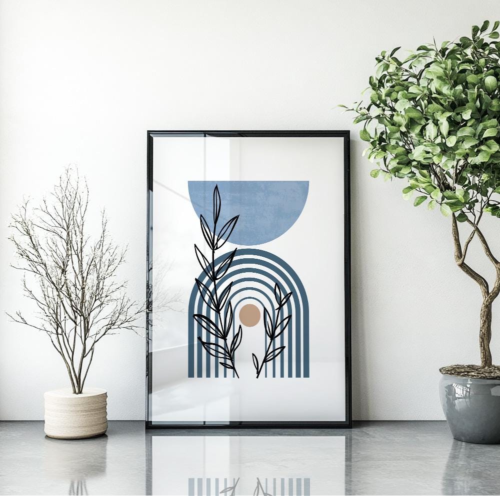 Mid-century modern boho poster in soft blue tones, ideal for trendy and aesthetic spaces.