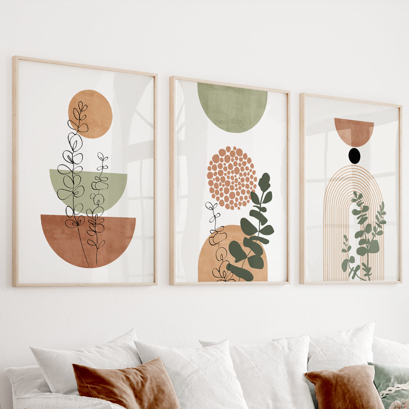 Large boho wall prints – neutral terracotta green set of 3 for modern living room or bedroom spaces.