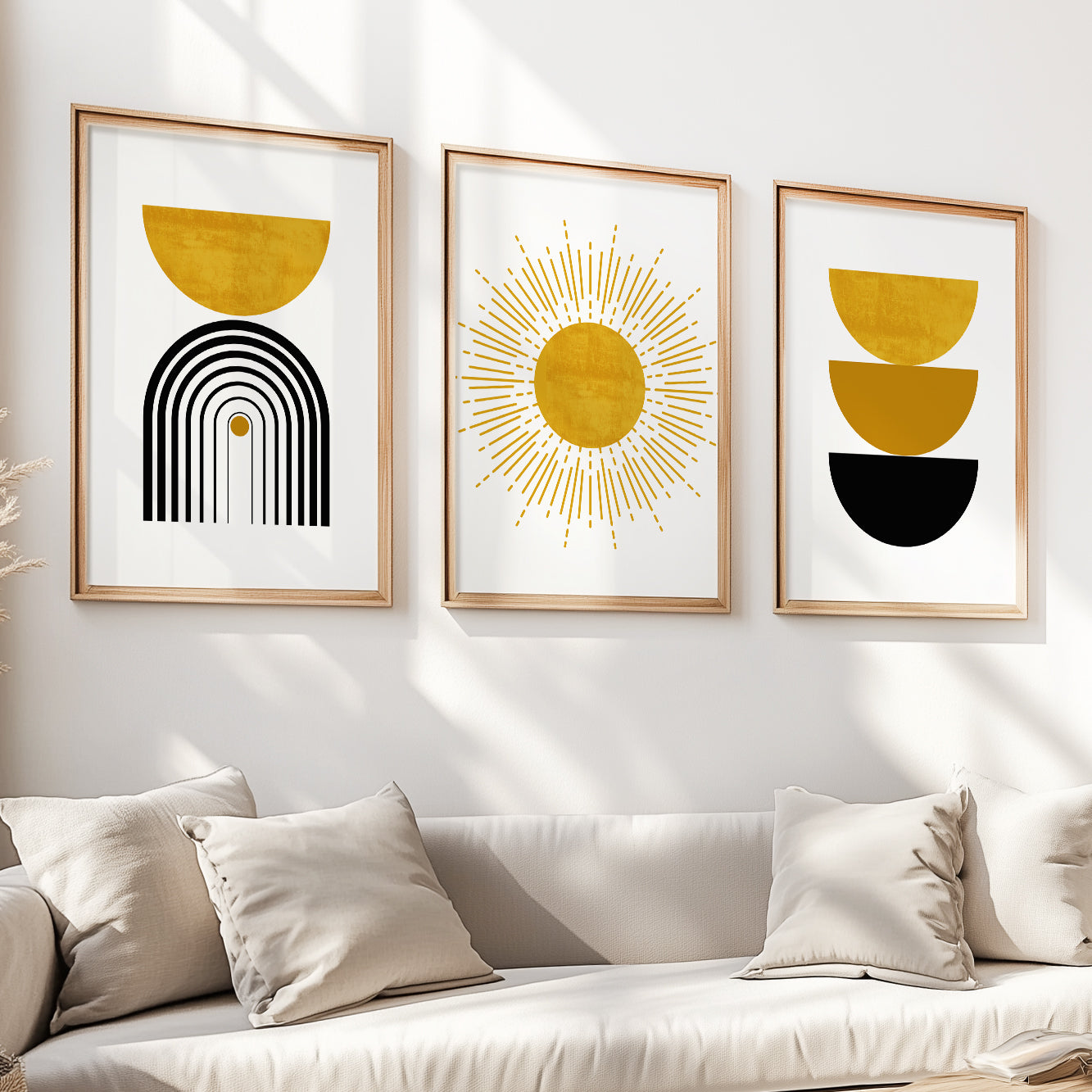 Mustard Yellow Boho Wall Art Set of 3 – Black Abstract Prints for Aesthetic Rooms