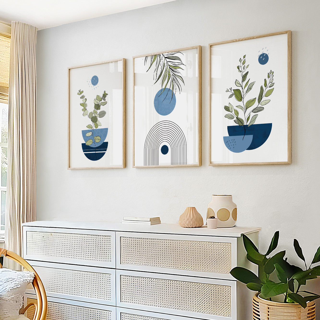 Set of 3 navy blue prints – abstract boho botanical posters for stylish mid century modern bedrooms.