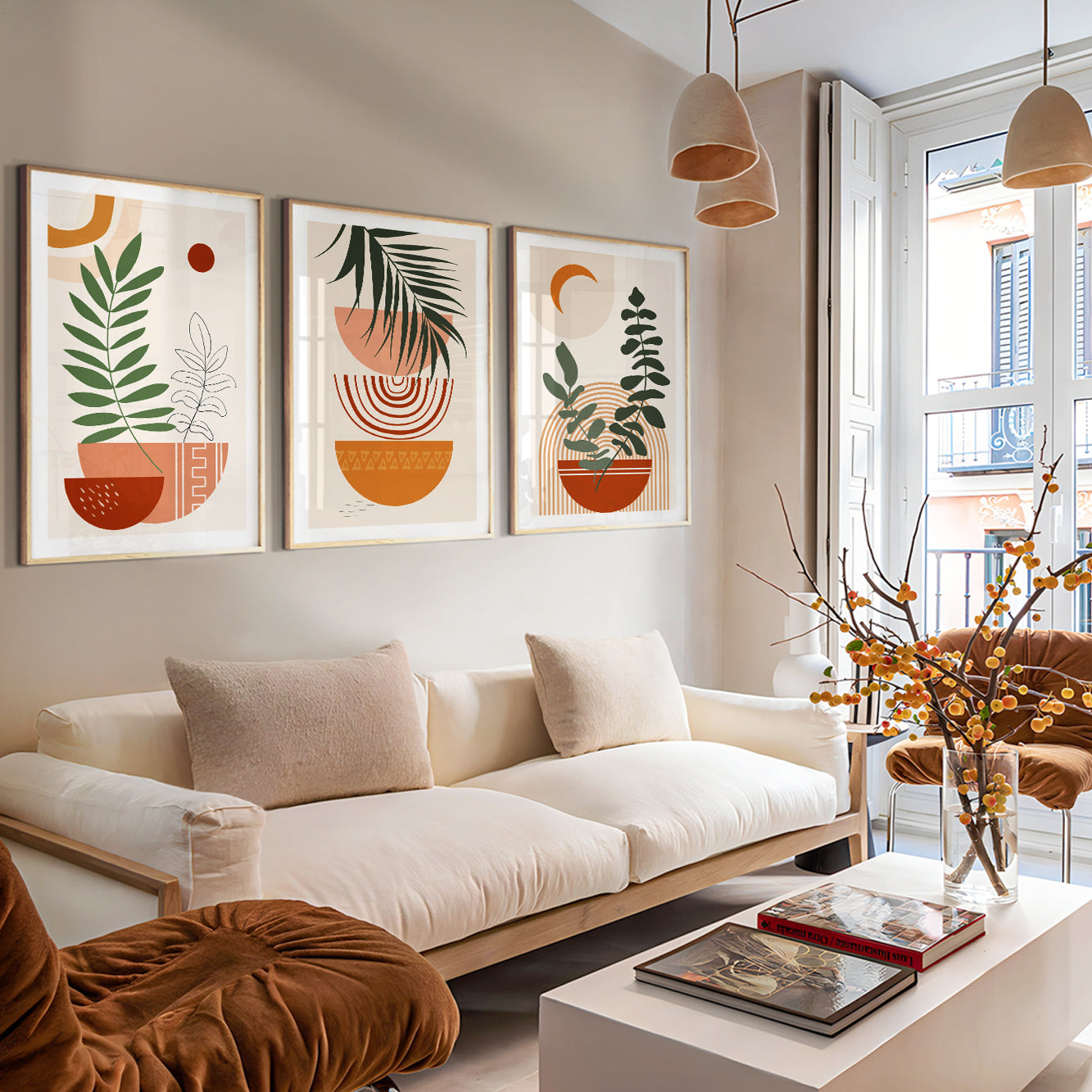 Boho Terracotta Beige Wall Art Set of 3 – Mid Century Modern Neutral Prints, Large Gallery Wall for Living Room & Bedroom
