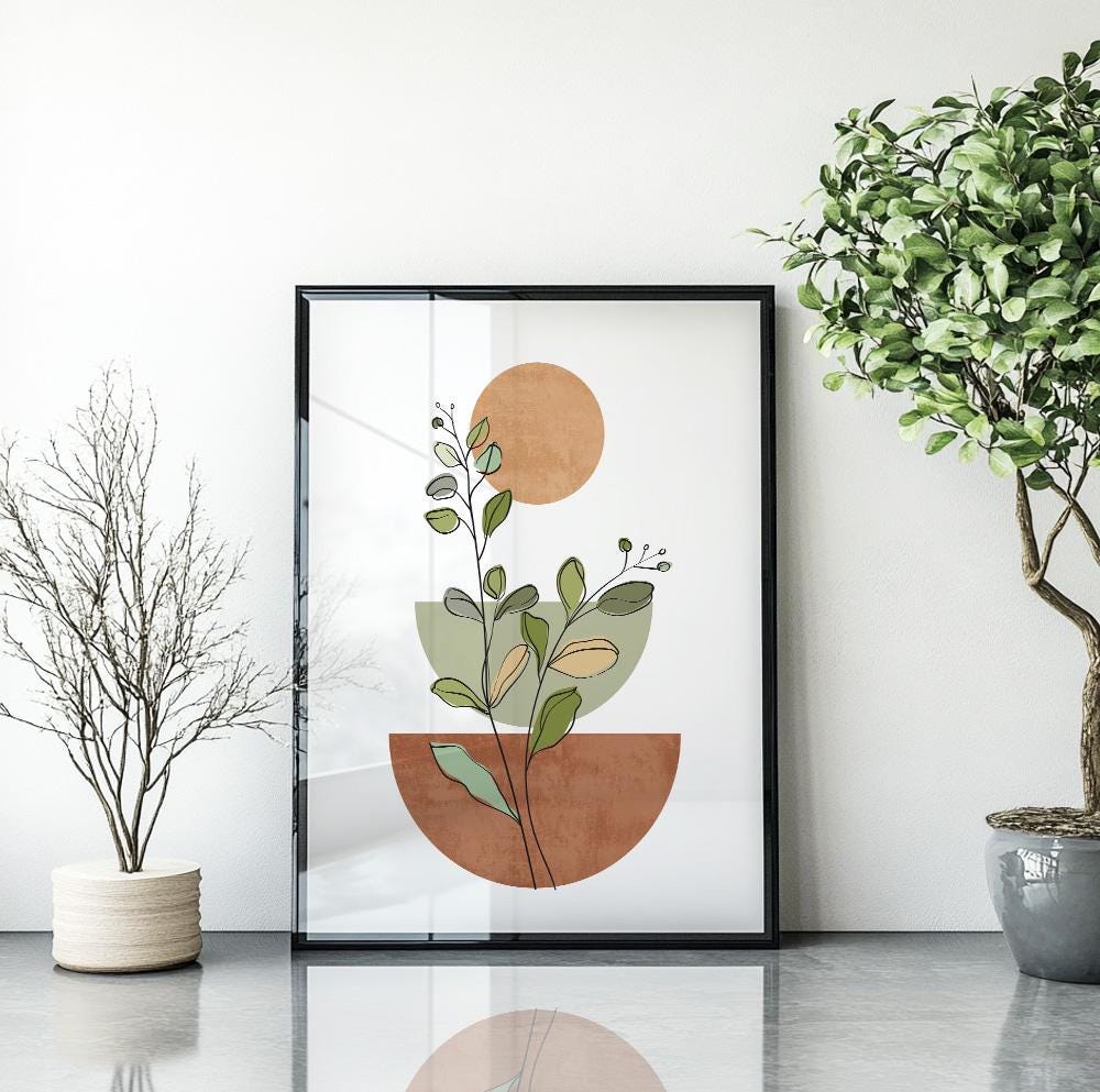 Mid-century modern poster with boho botanical elements in earthy neutral colors.