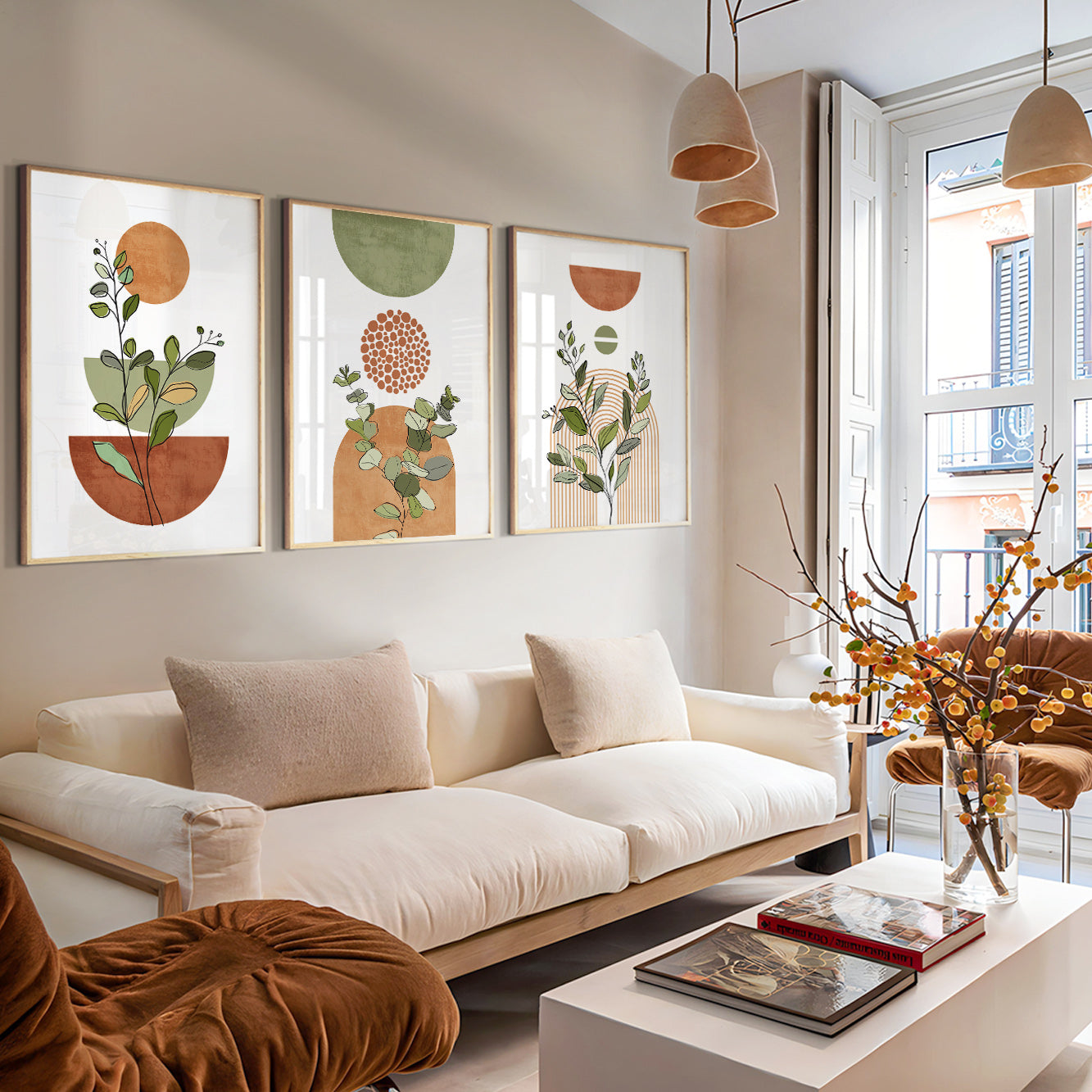 Terracotta Green Boho Wall Art Set – Mid Century Modern Neutral Prints, Above Bed Gallery Wall for Living Room & Bedroom