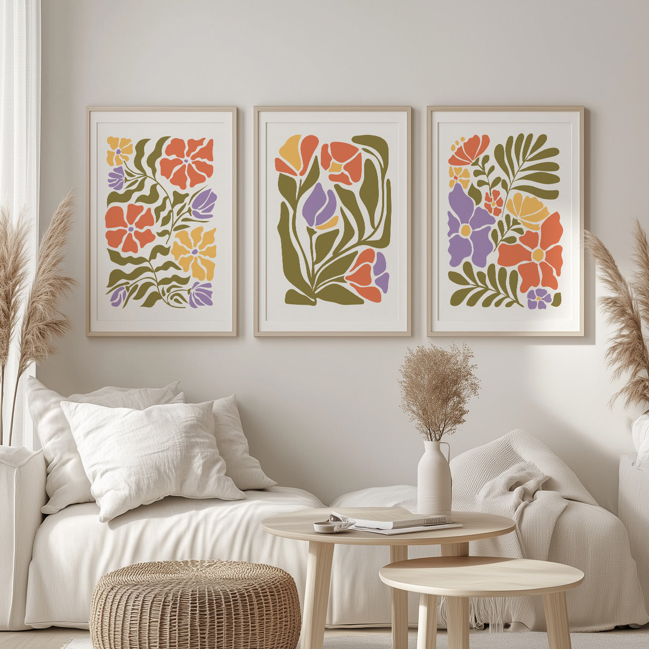 Mid-century modern gallery wall set featuring Matisse-style floral botanical prints.