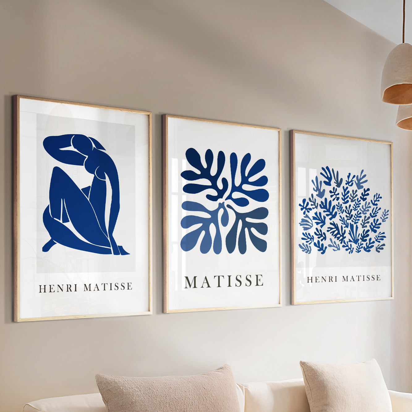Navy blue minimalist wall art set – mid century Matisse prints for gallery walls in modern homes.