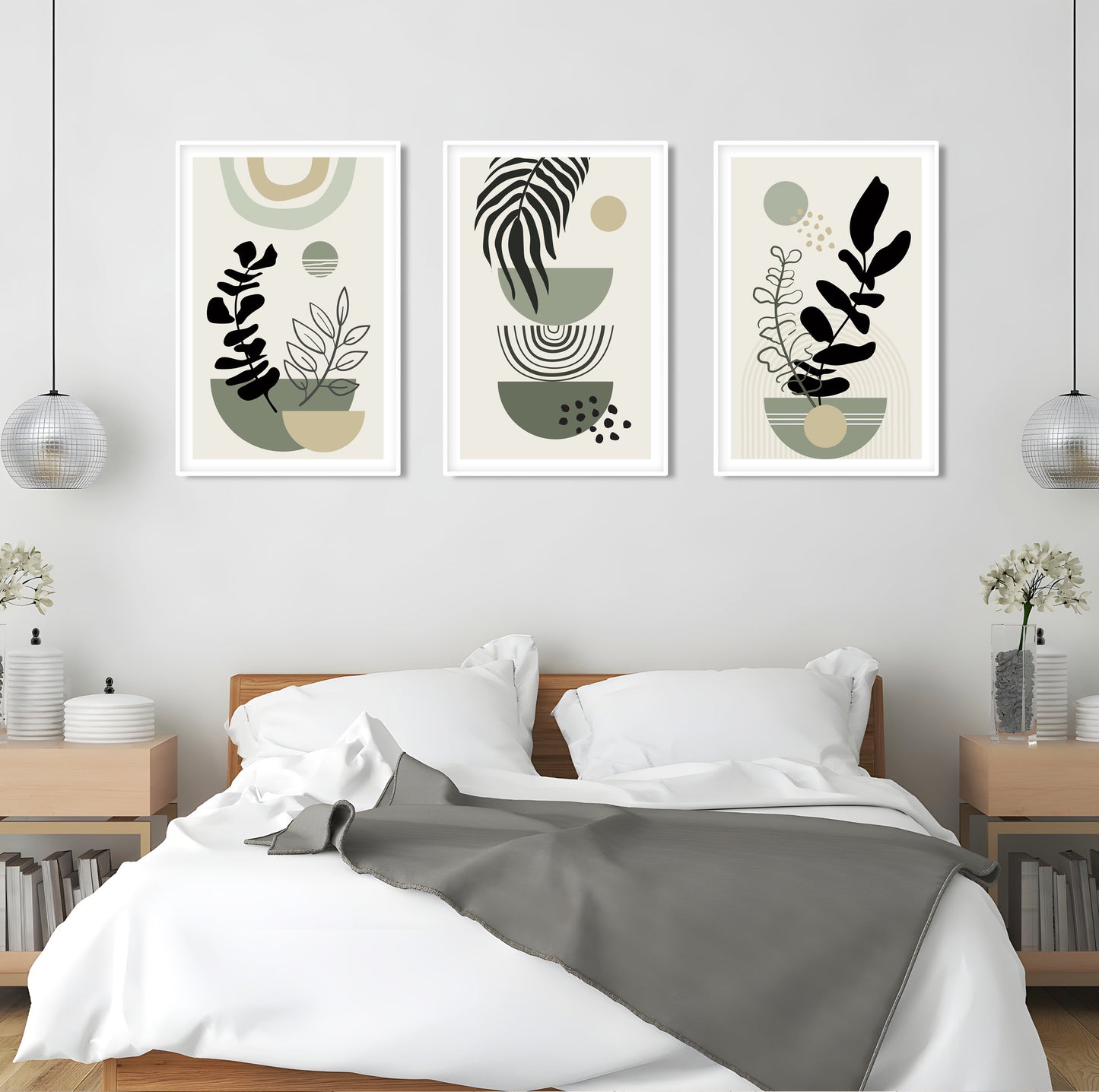 Sage green boho print set of 3. Mid century modern neutral wall art. Bohemian above bed gallery wall art, Boho Wall Art, Green Wall Prints - Mid century modern art
