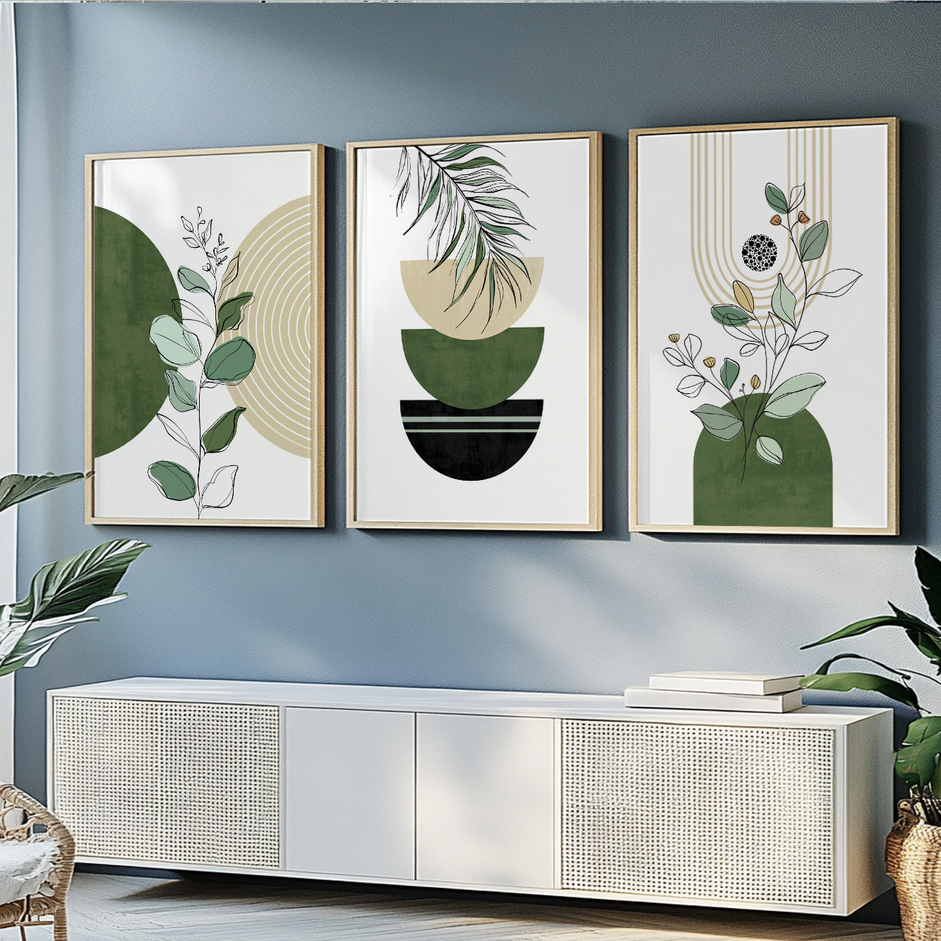Mid-century modern large prints in terracotta green and boho style for above bed display.