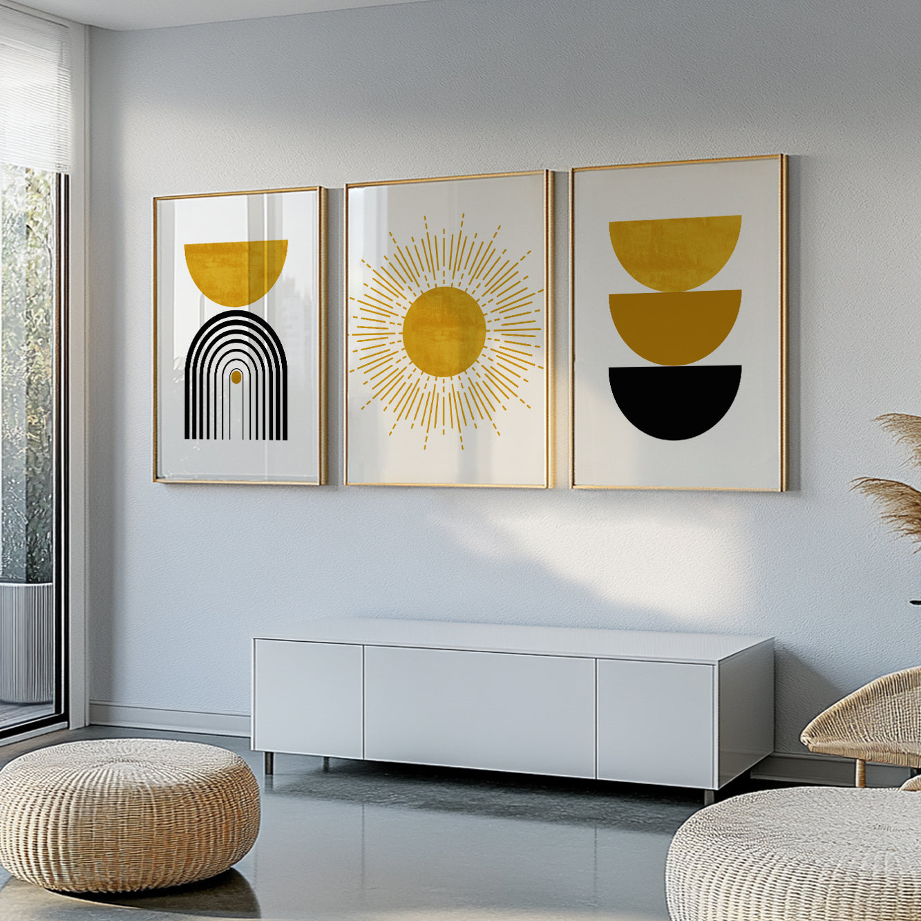 Black Mustard Yellow Boho Wall Art Set – 3 Abstract Prints for Contemporary Spaces