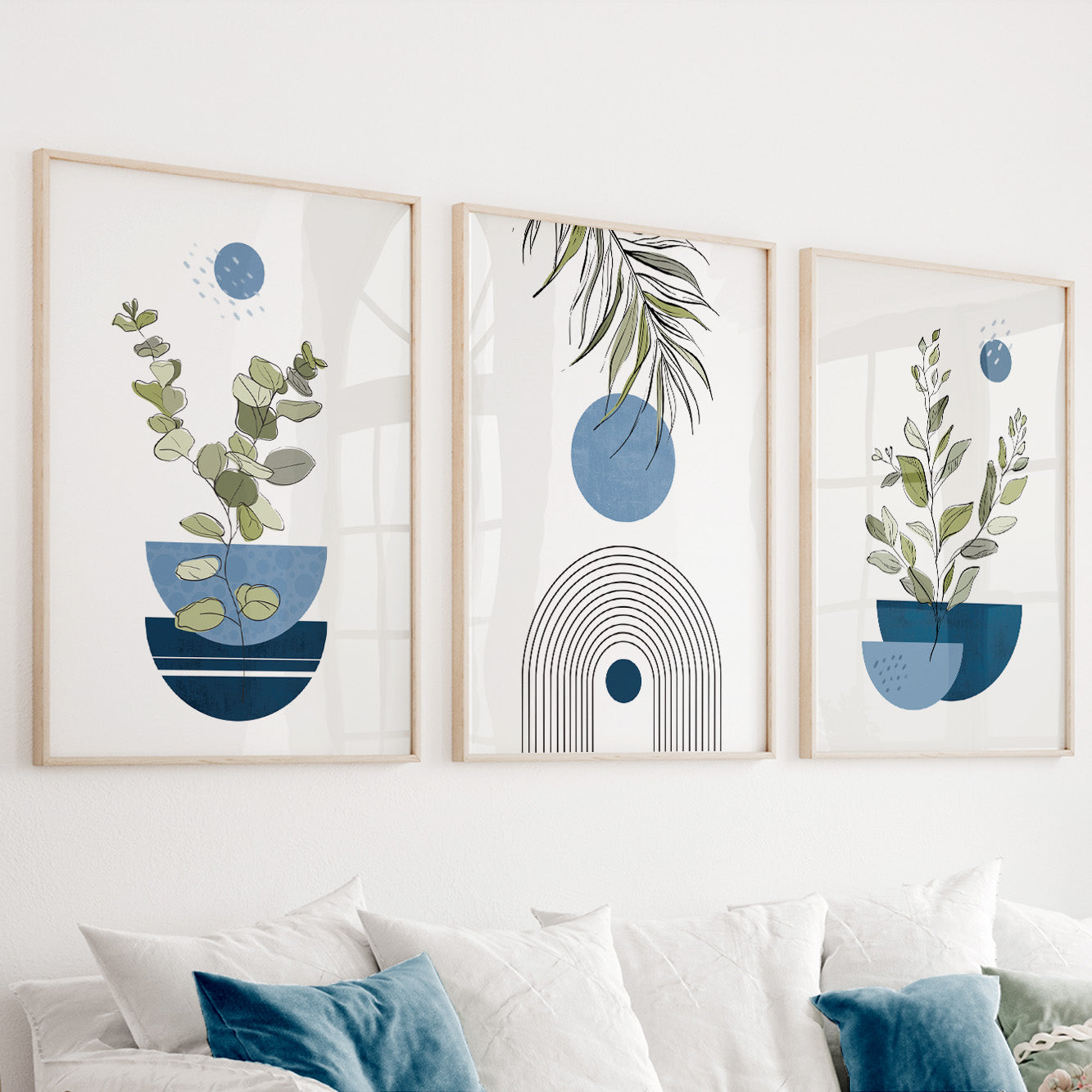 Boho gallery wall set – navy blue abstract botanical prints, set of 3 for modern bedrooms.