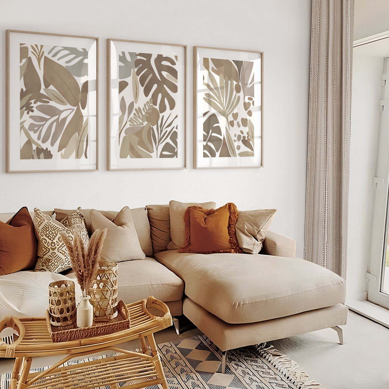 Neutral gallery wall print set – beige pastel tropical leaves for minimalist home decor