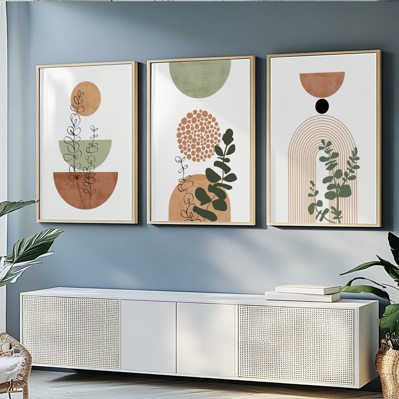 Mid century modern boho triptych – neutral terracotta and green large wall prints for bohemian spaces.