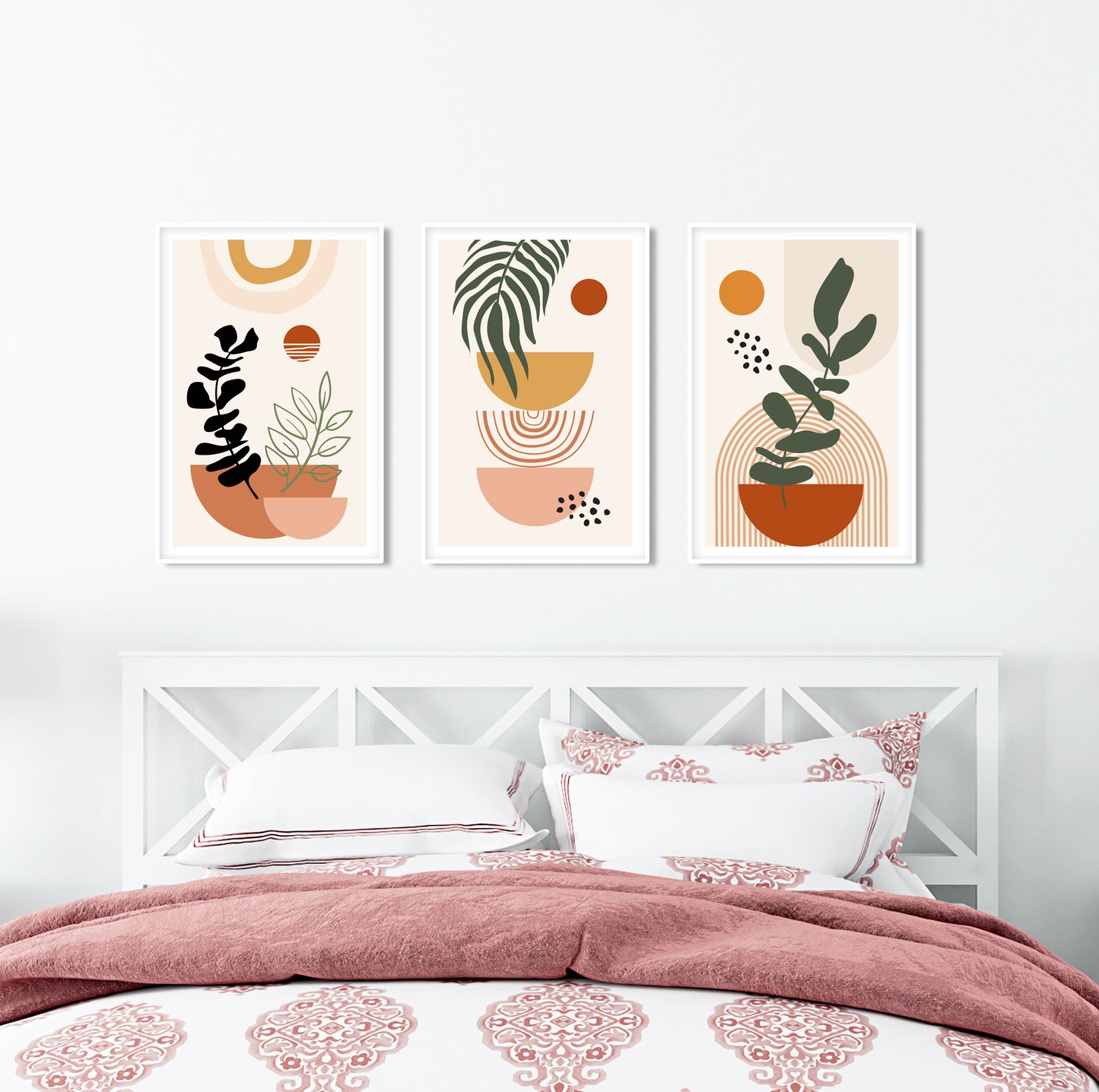 Minimalist terracotta abstract print set in beige tones, boho wall art trio for above bed or sofa in neutral interiors