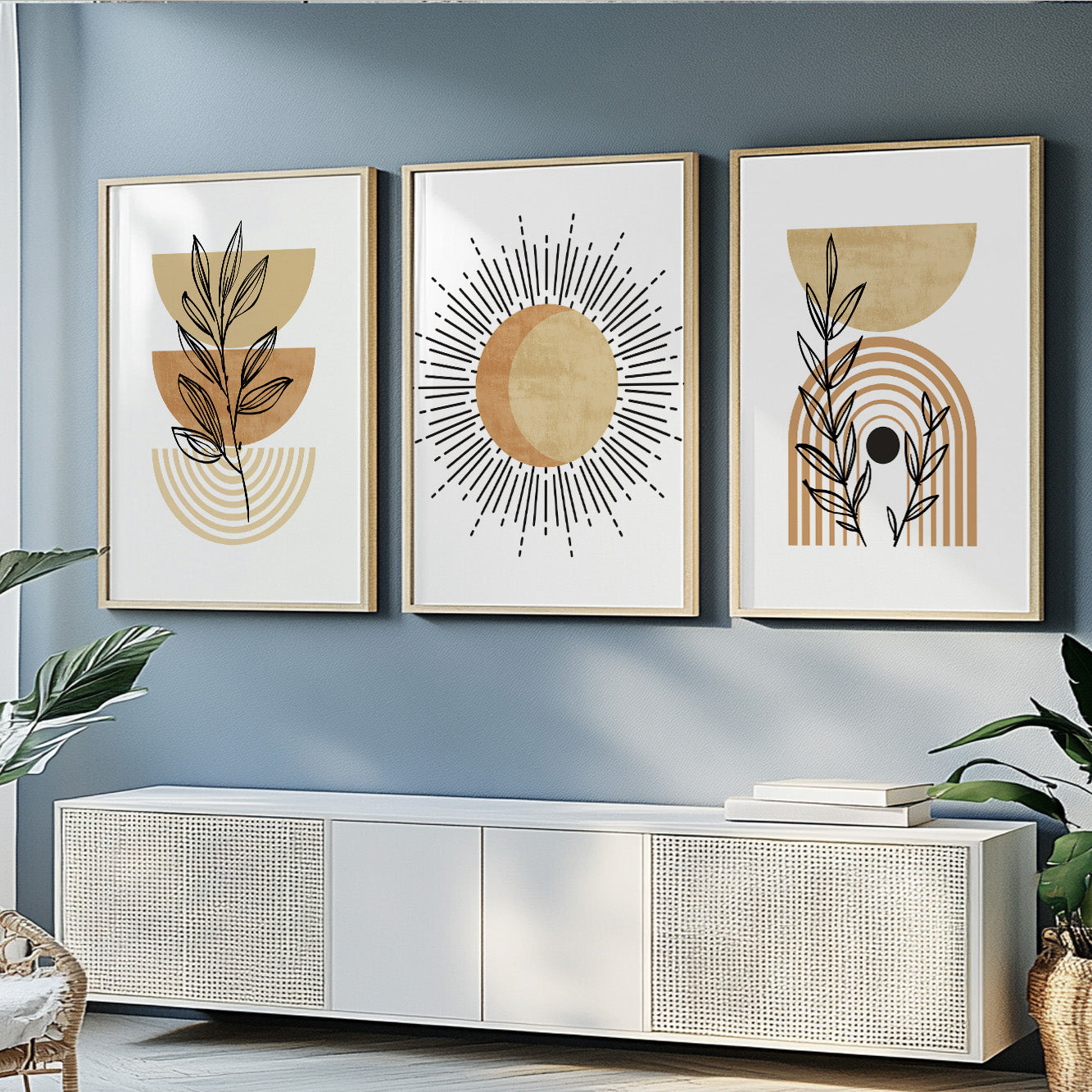 Mid Century Modern Boho Wall Art Set of 3 – Terracotta Beige Prints, Neutral Large Above Bed Gallery Wall Set