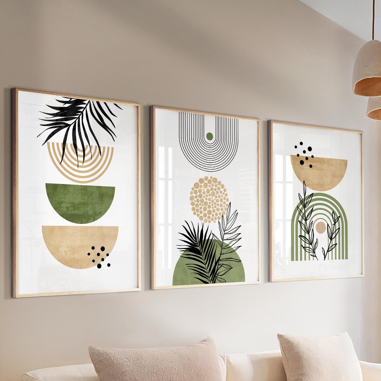 Beige and green boho wall art – modern abstract triptych for calm gallery wall styling.