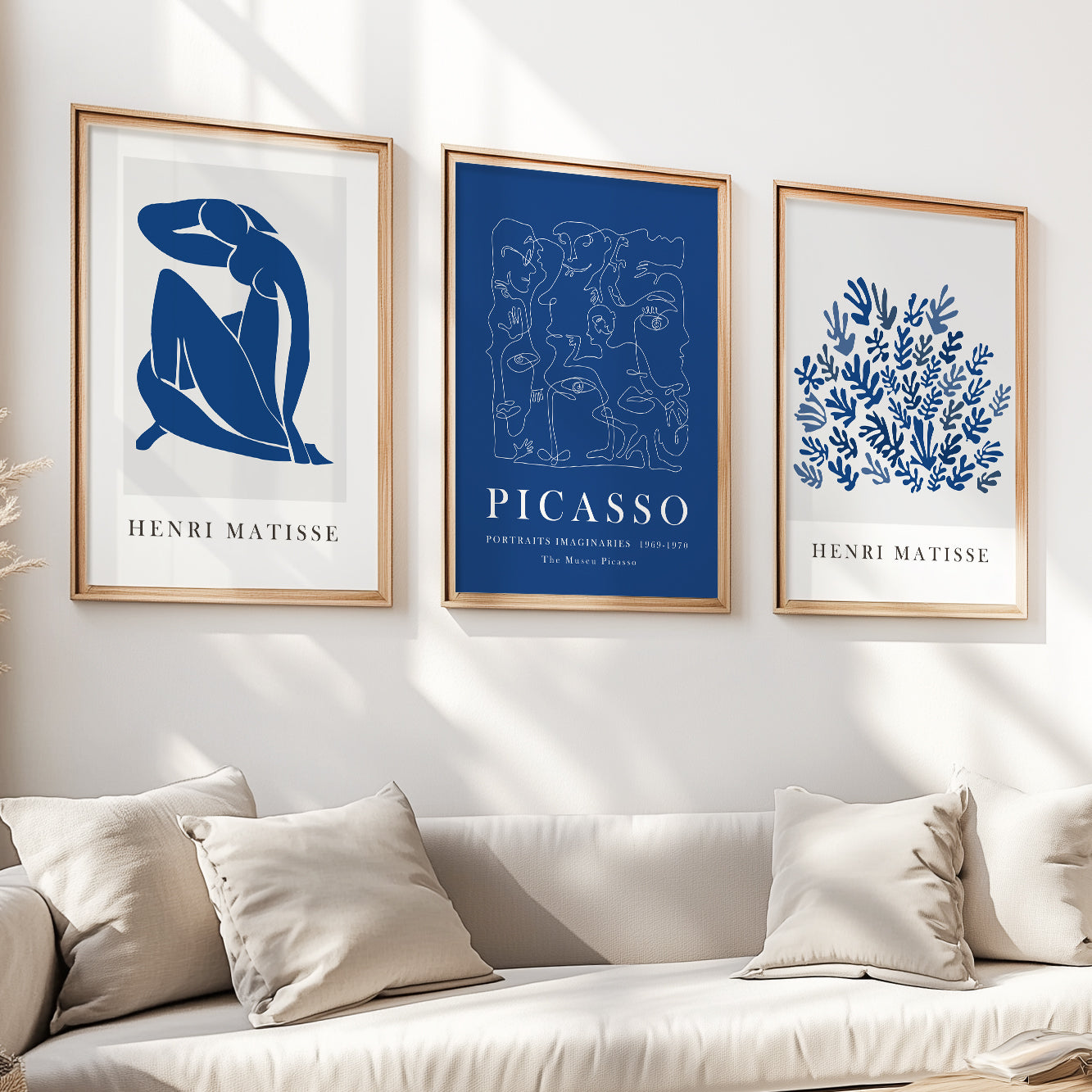 Mid-century modern navy blue art prints inspired by Matisse, ideal for stylish living spaces.