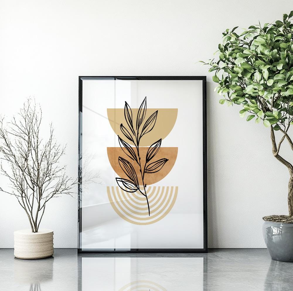 Mid-century modern boho art print in neutral colors with botanical influence.