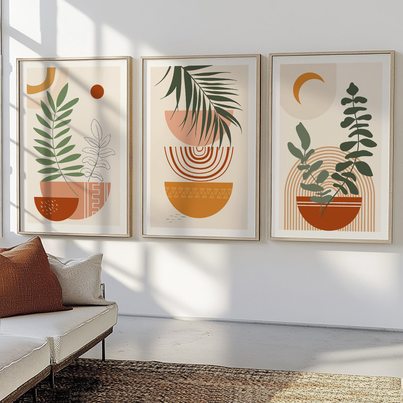 Mid-century modern neutral wall posters in terracotta and beige tones, perfect for living rooms.
