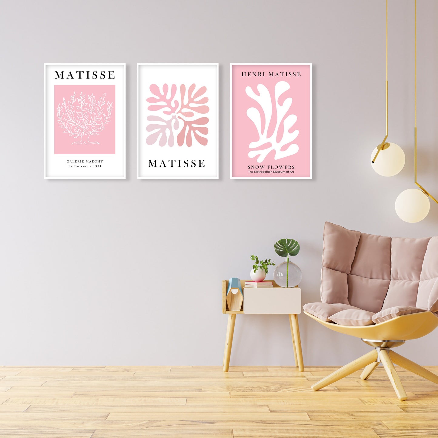 Mid-century modern gallery wall set with pink Matisse-inspired minimalist prints.