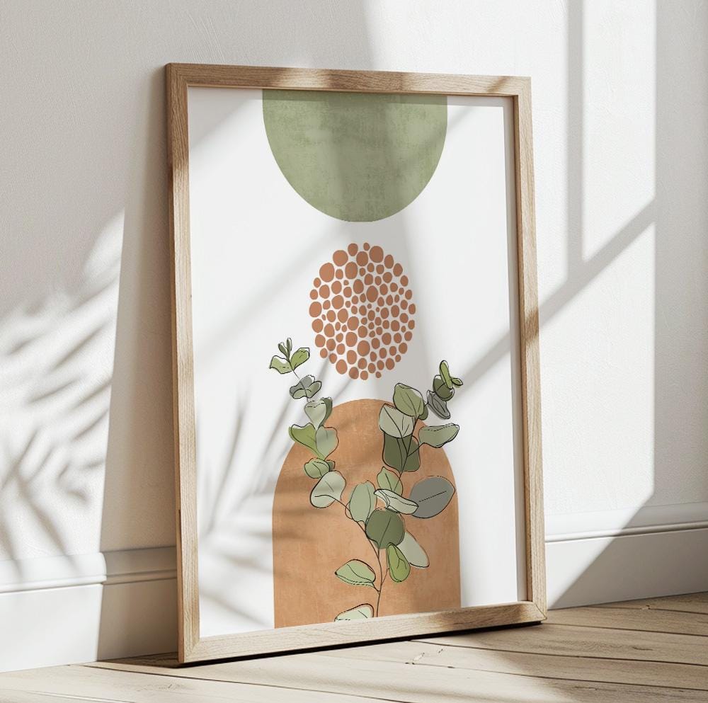 Mid-century botanical wall print in terracotta and green, ideal for minimalist spaces.