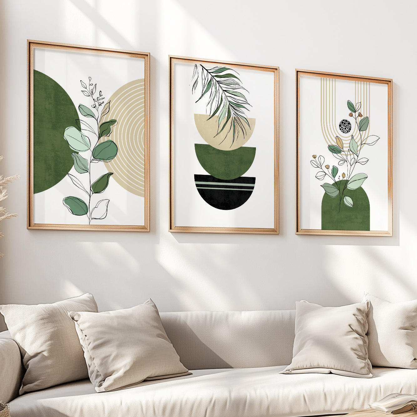 Mid-century boho terracotta and green set of three prints for living room or bedroom.
