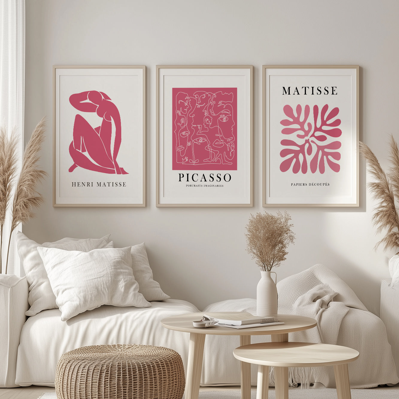 Henri Matisse Pink Set of 3 Prints – Minimalist Mid Century Modern Gallery Wall Art, Vintage Trendy Room Decor