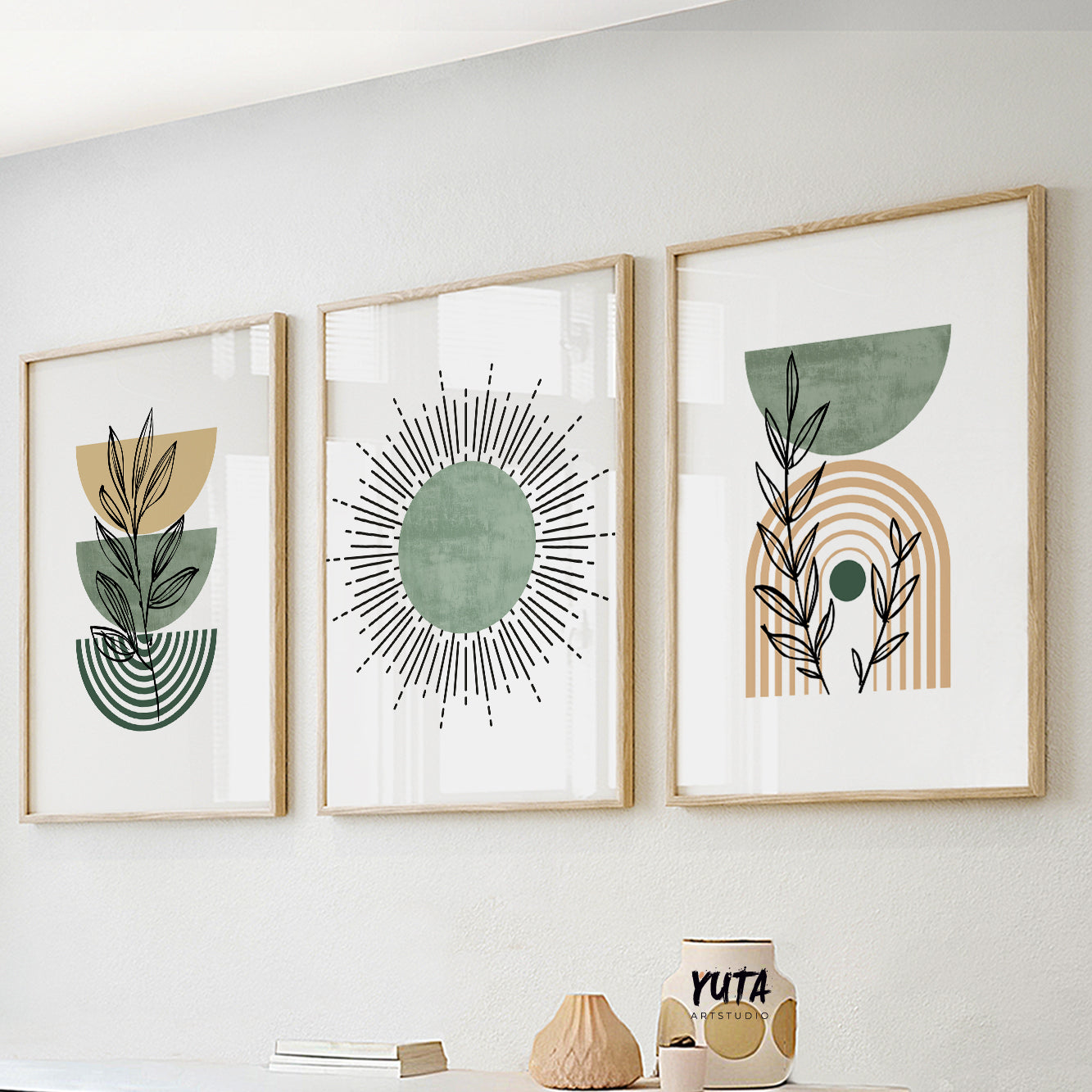 Minimalist geometric boho print set of 3 featuring plant outlines and retro sun shapes