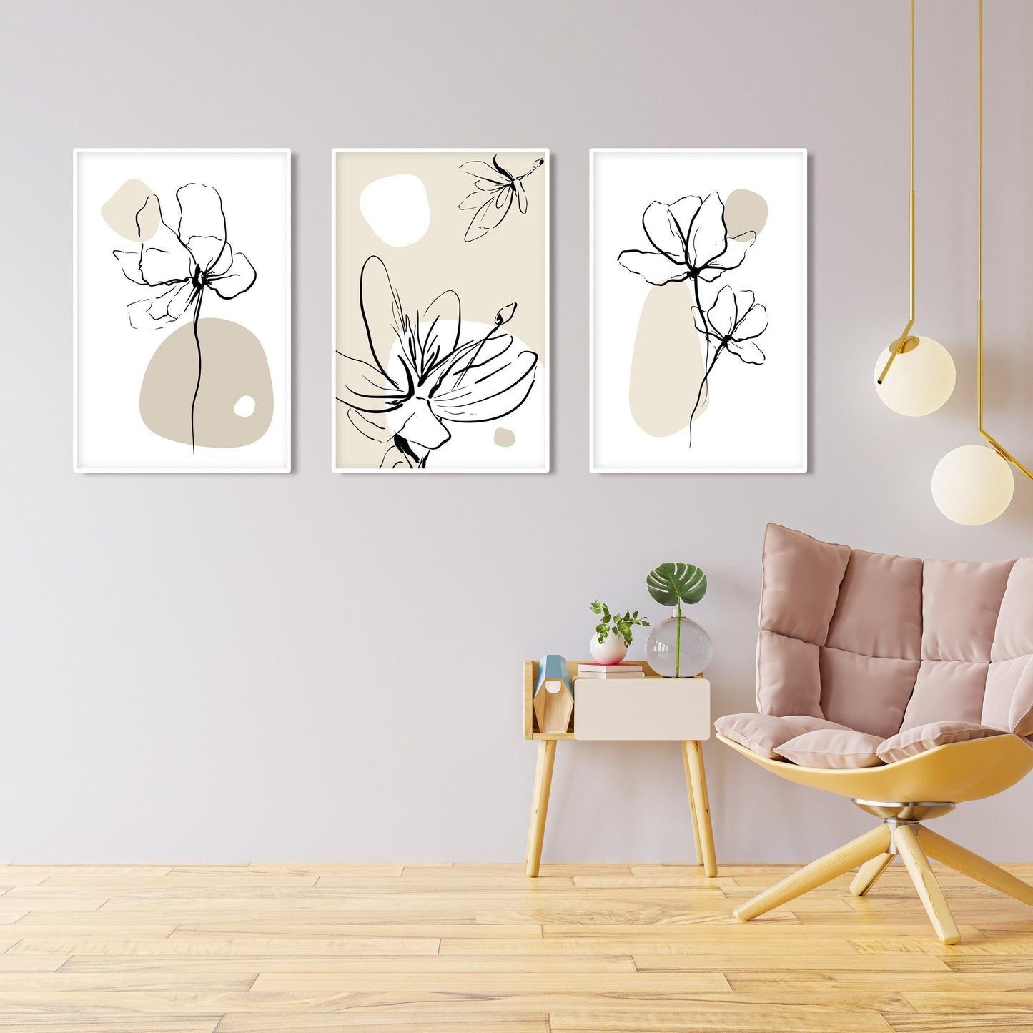 Minimalist beige floral gallery wall prints with boho and mid-century modern style.