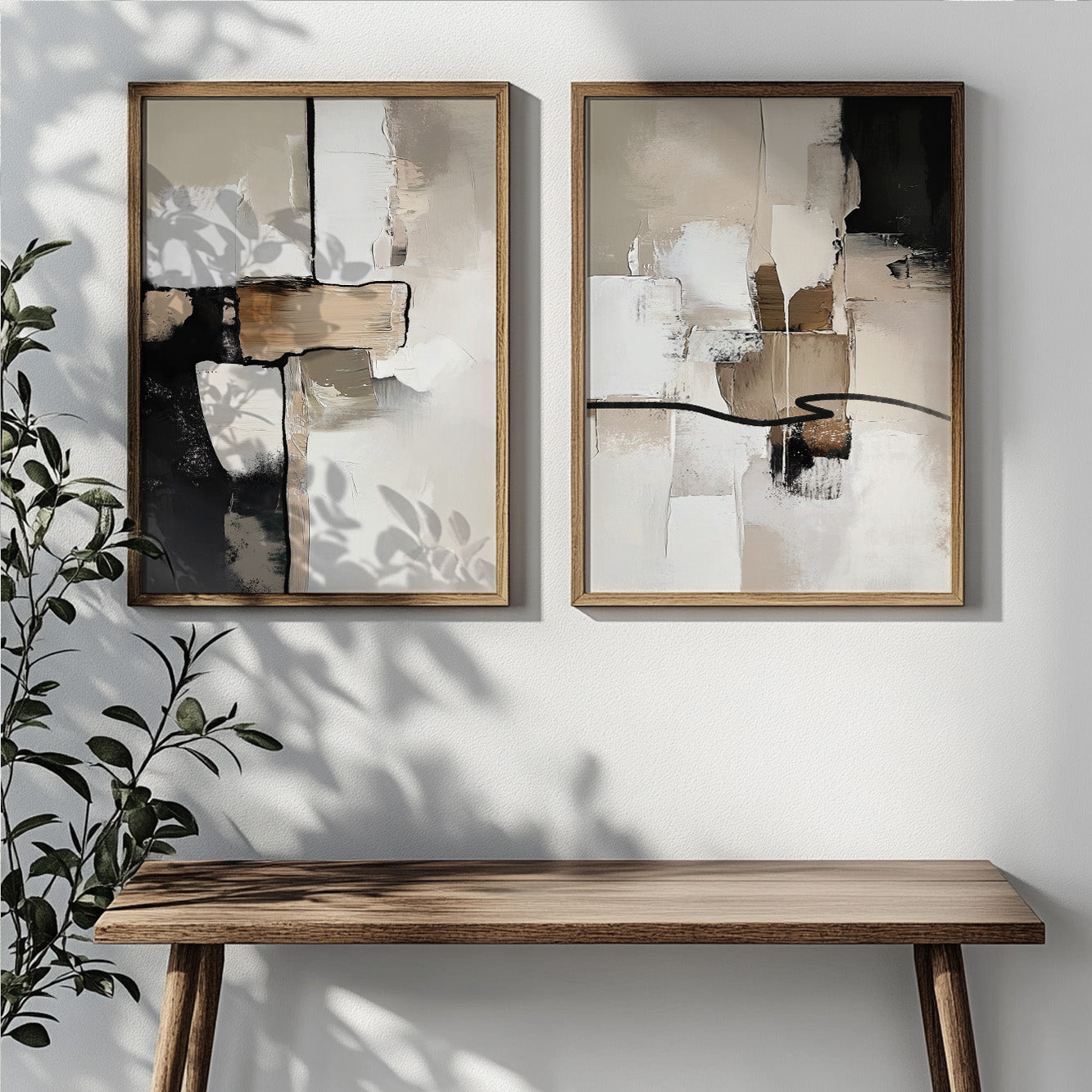 Neutral Abstract Brush Stroke Set of 2 – Black Beige Minimalist Art