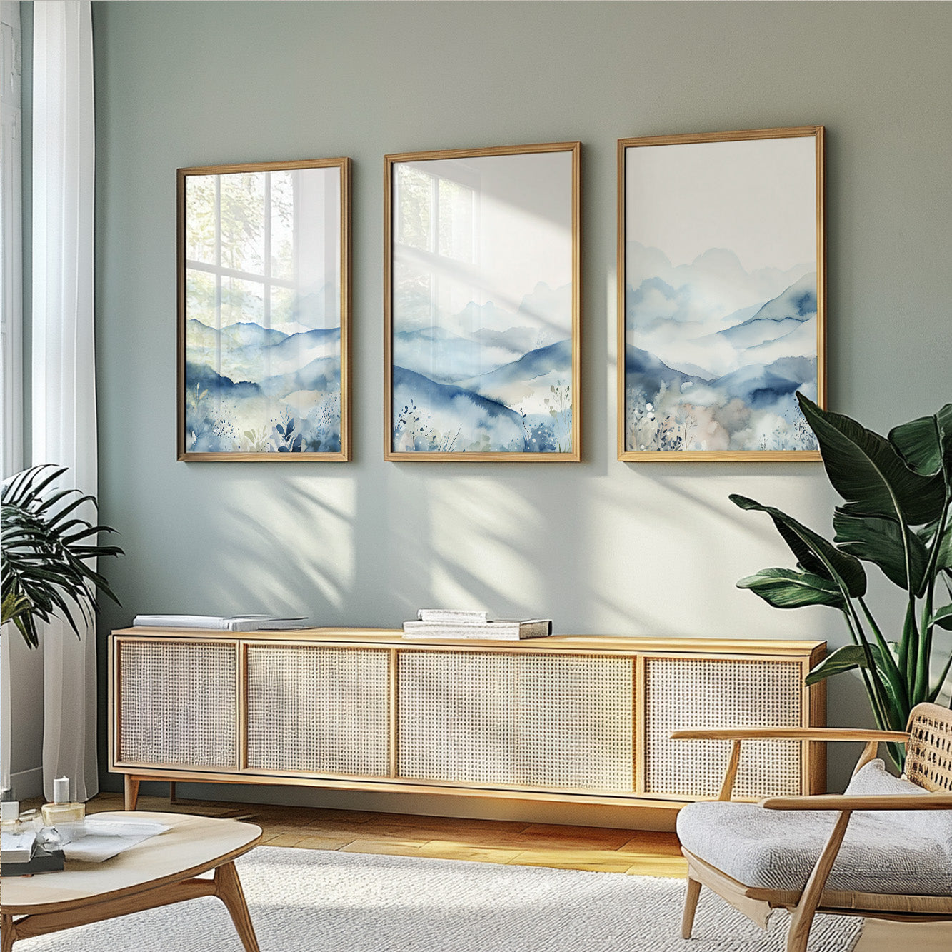 Blue Nordic mountain triptych – minimalist watercolor art for serene wall styling.